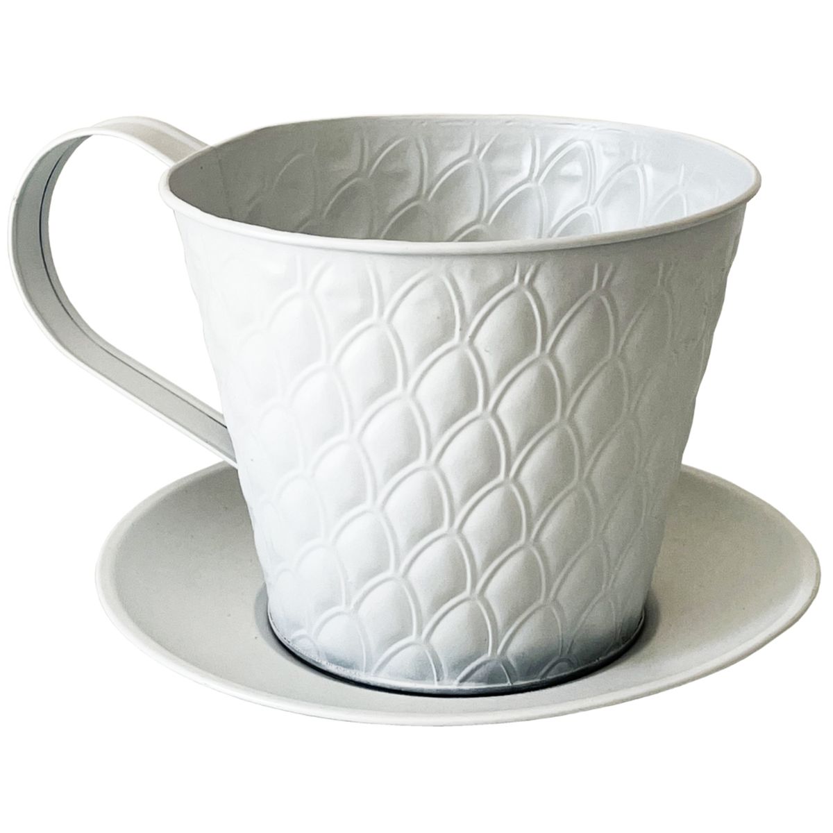 Cache Pot Tasse  caf en Mtal blanc 12.5 x 16 cm