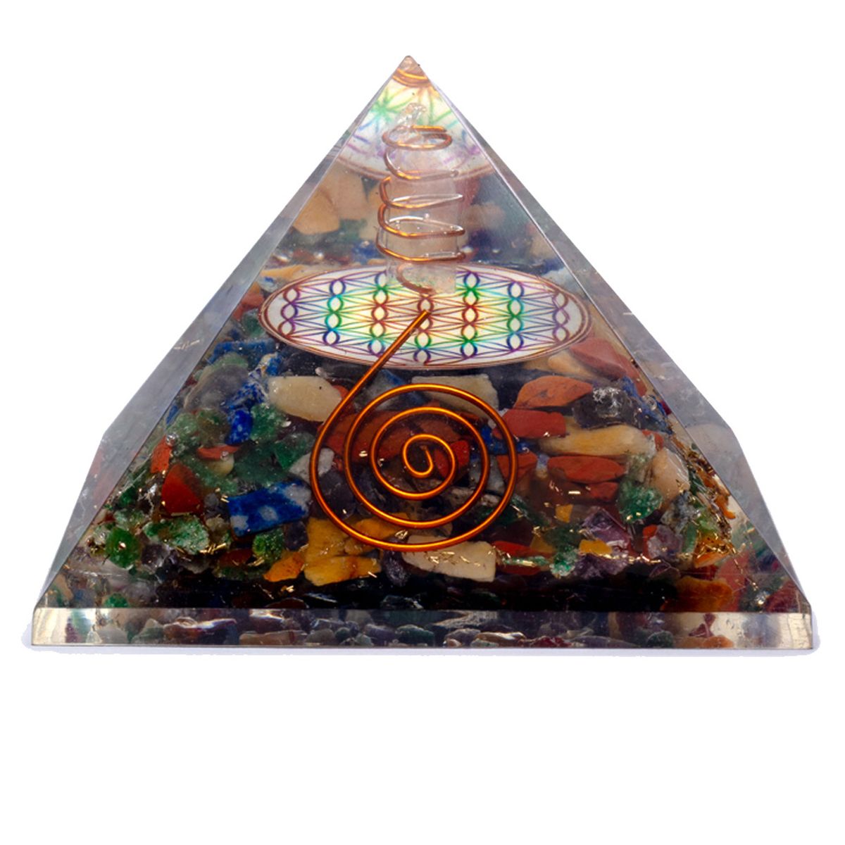 Pyramide de Fleur de vie colore avec pointe de Cristal