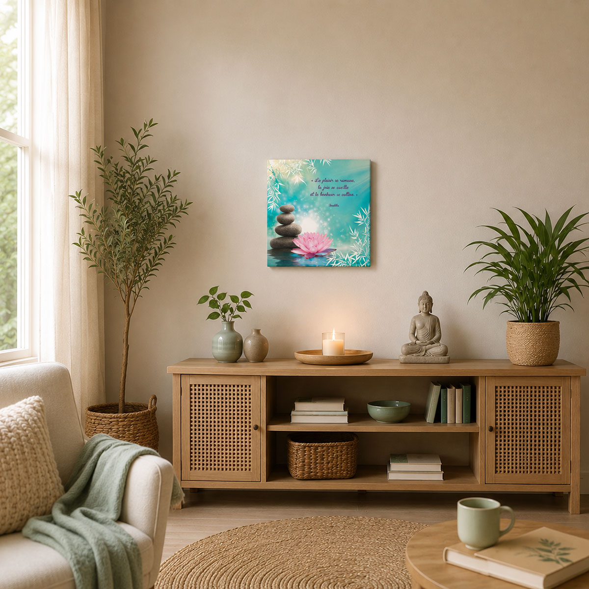 Cadre citation Bouddha zen Le bonheur se cultive 40 x 40 cm