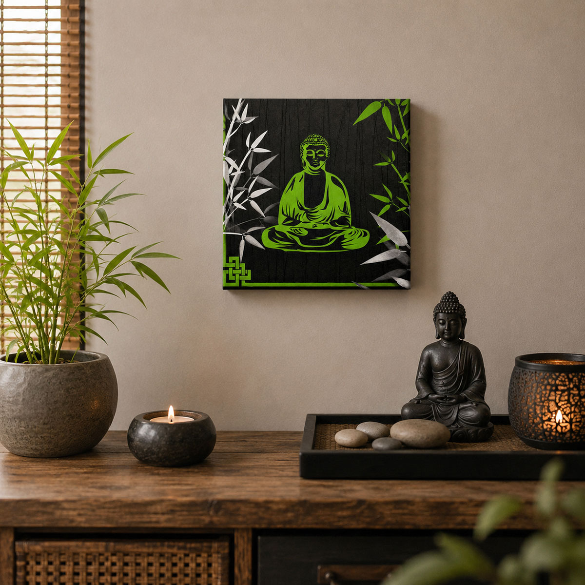 Petit cadre Bouddha vert zen en toile 20 x 20 cm