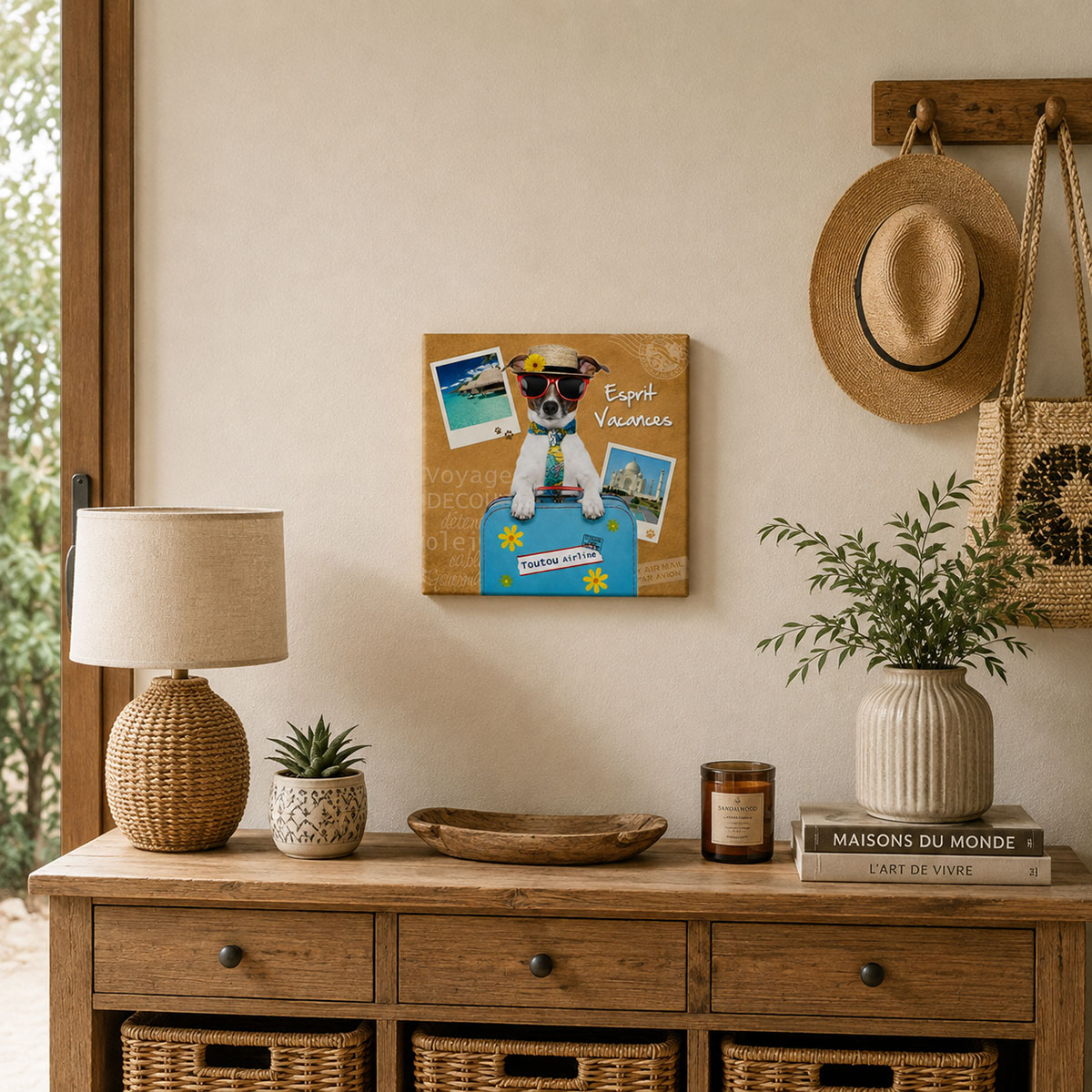 Cadre en toile chien esprit vacances 40 x 40 cm