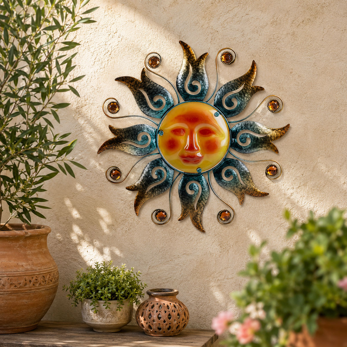 D�coration murale Soleil en m�tal et verre Or et Bleu 39 cm