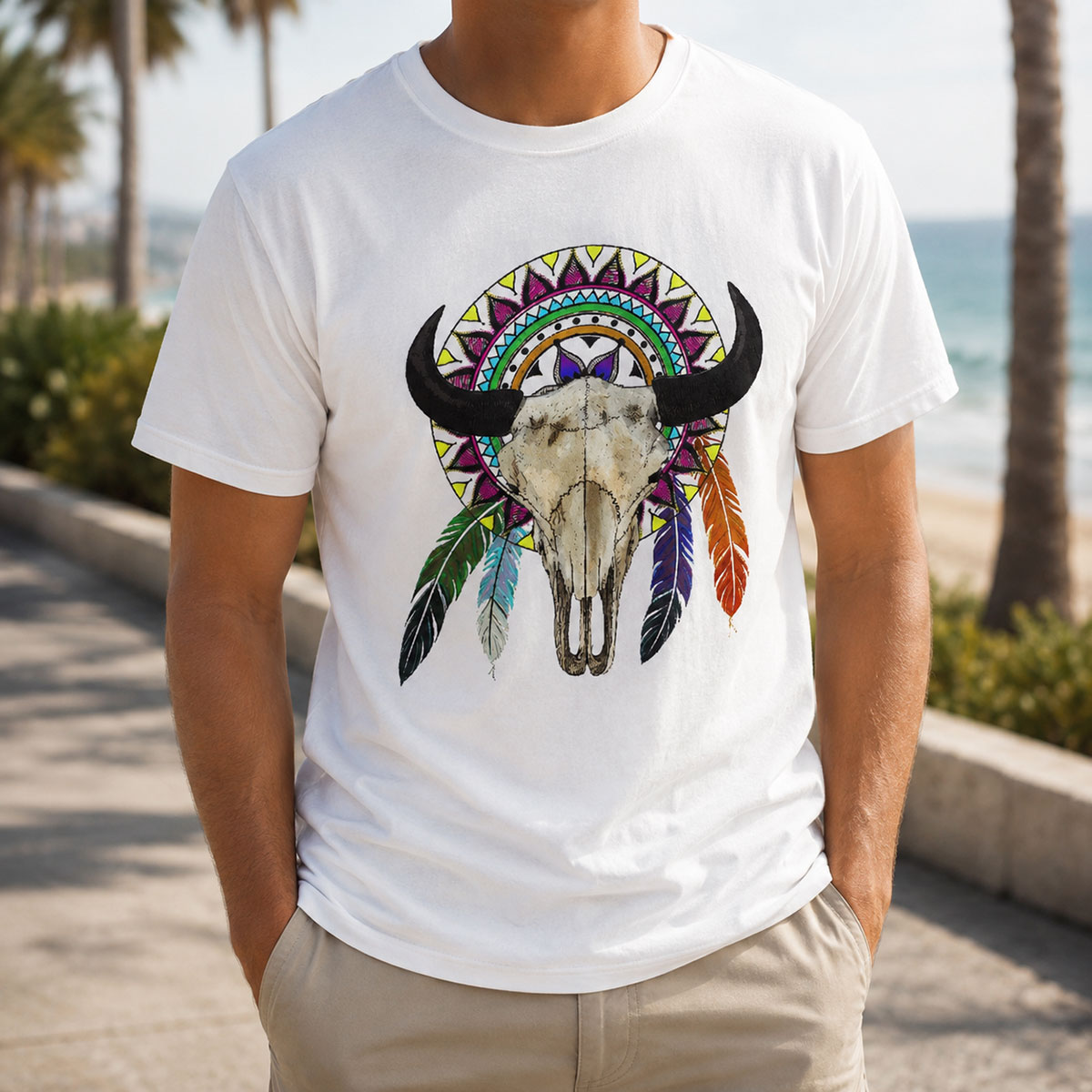 T-Shirt Tribal cow homme blanc taille L