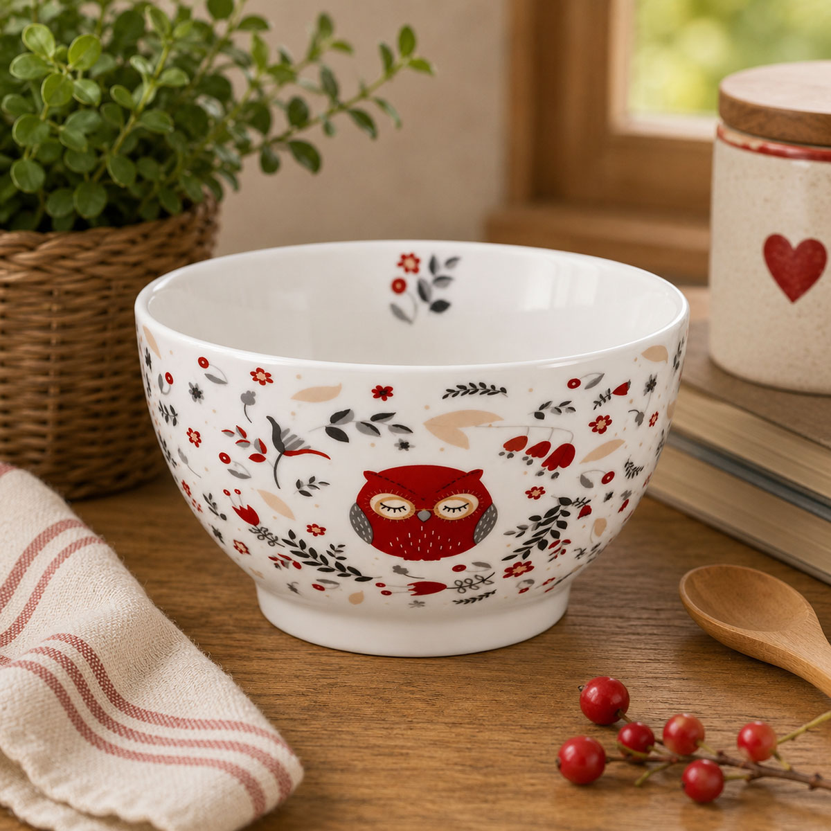 Bol en porcelaine Hibou rouge 480 ml