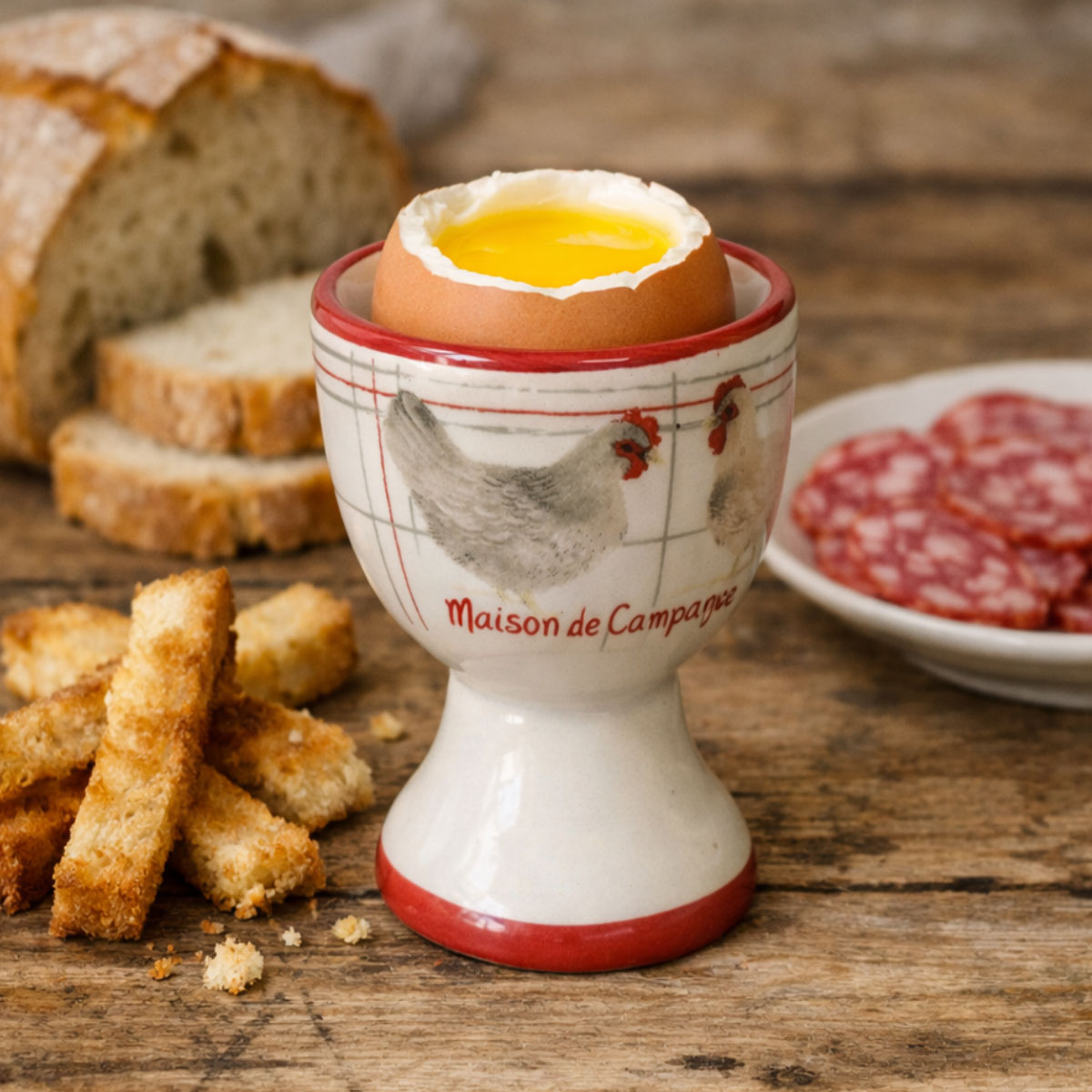 Coquetier en gr�s d�cor Poules Maison de Campagne