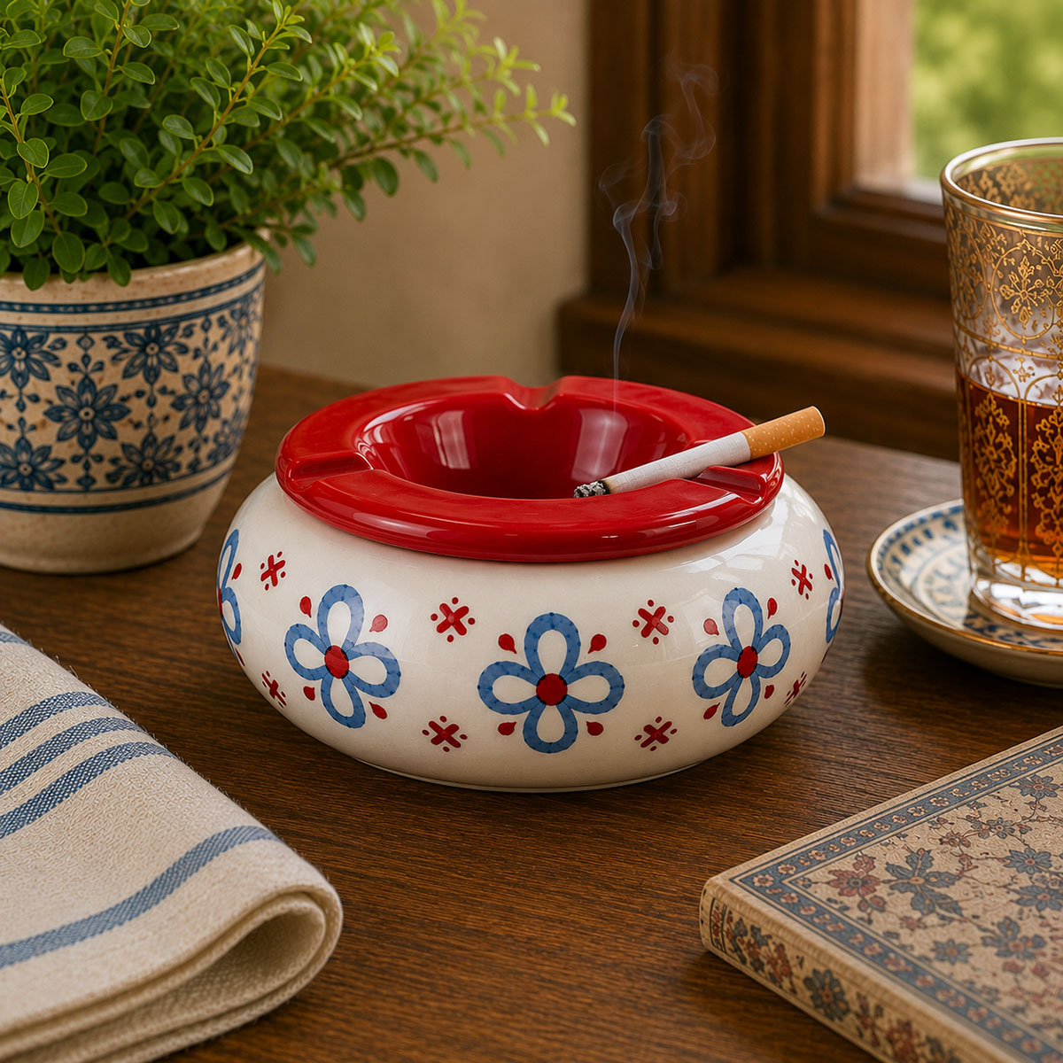 Cendrier Marocain en C�ramique Fleurs Bleues et Rouges