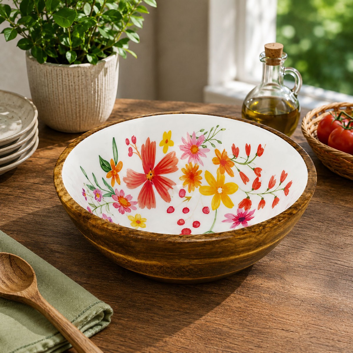 Saladier en bois de manguier d�cor floral
