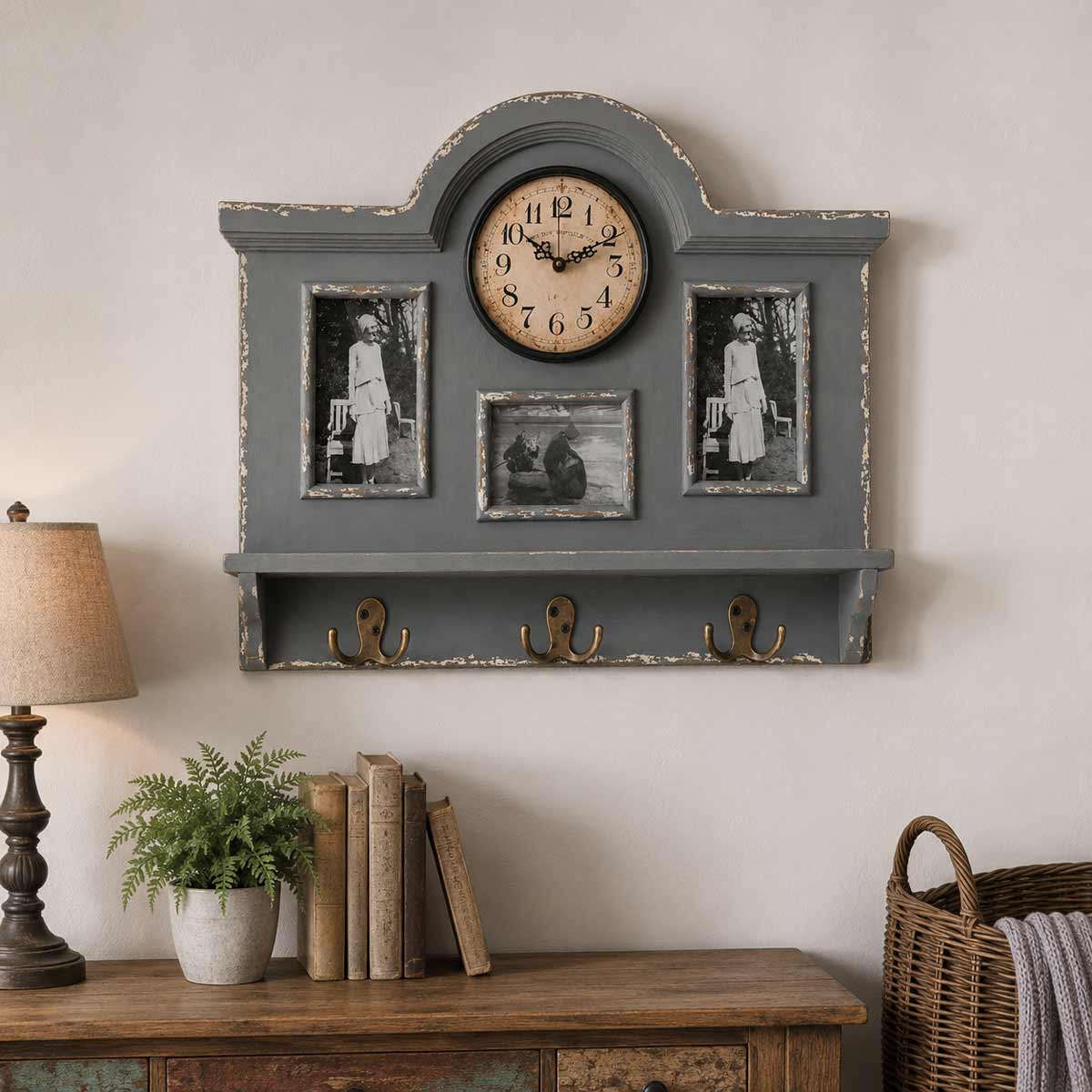 Pat�re horloge et cadres photos en bois gris vieilli