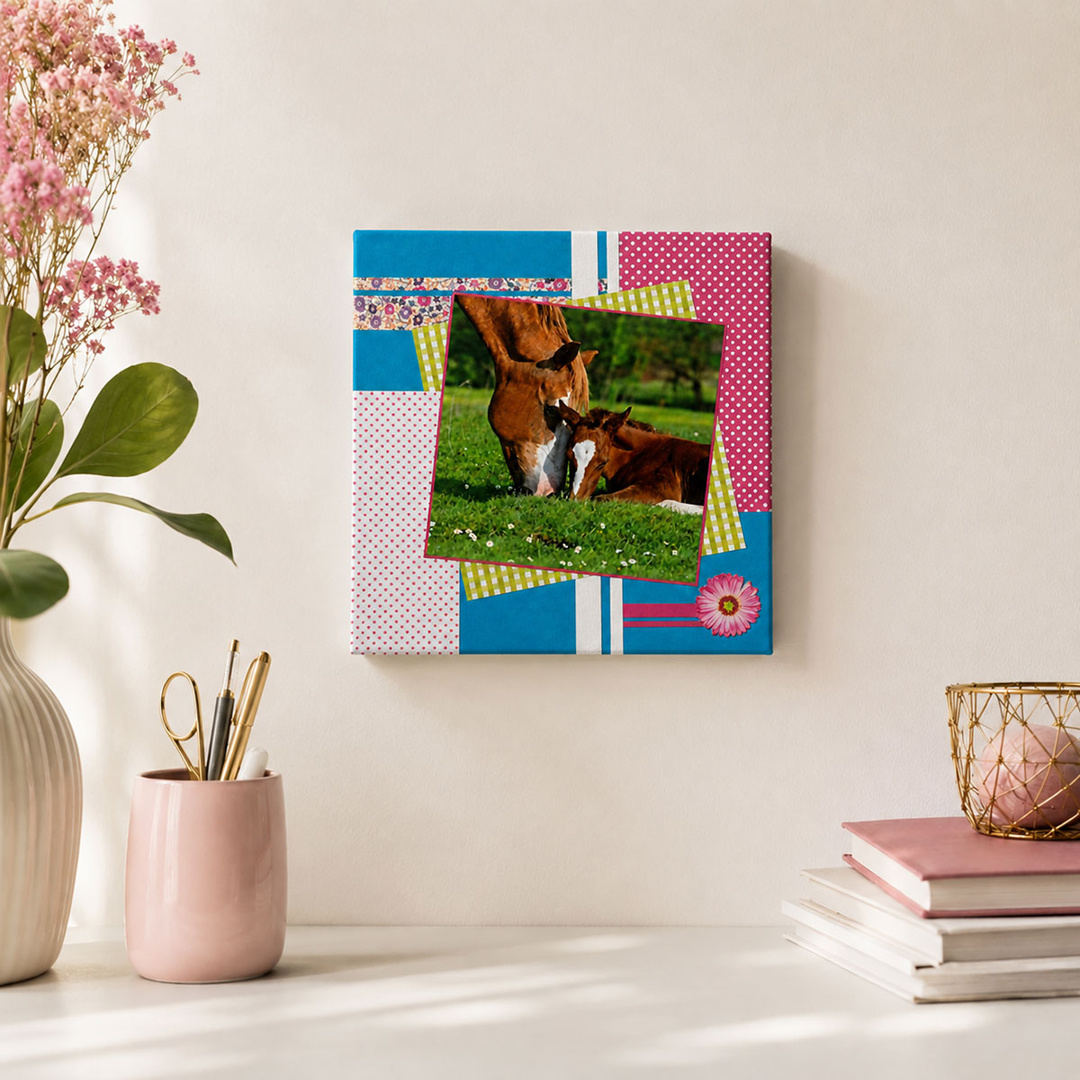 Cadre Cheval Patchwork en toile imprim�e 28 x 28 cm