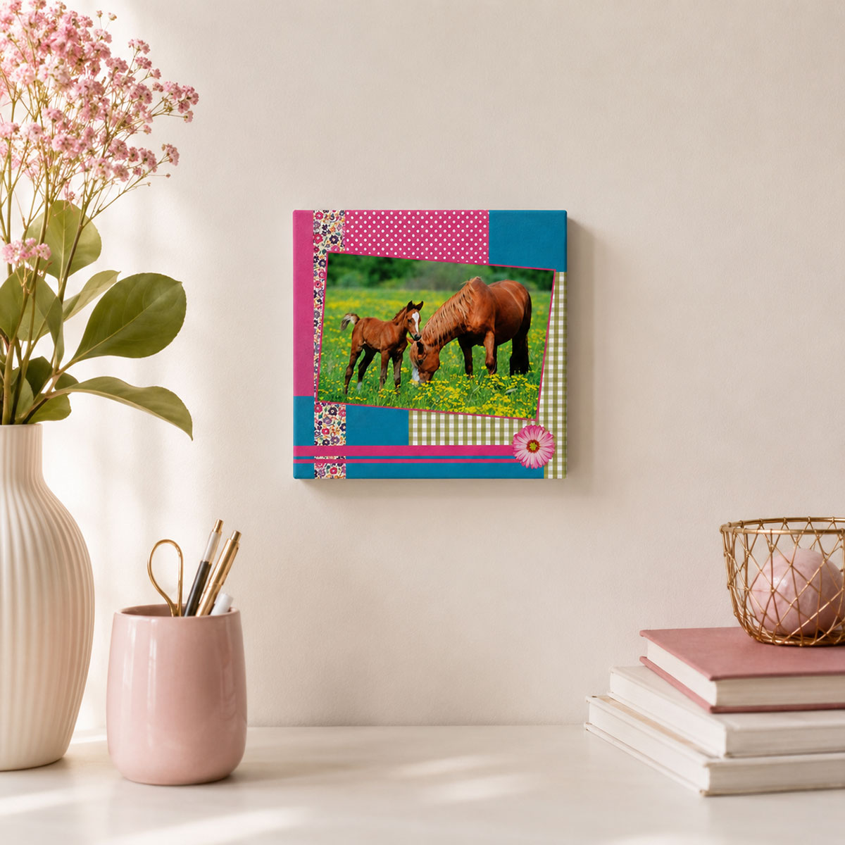 Cadre Cheval Patchwork en toile imprim�e 28 x 28 cm