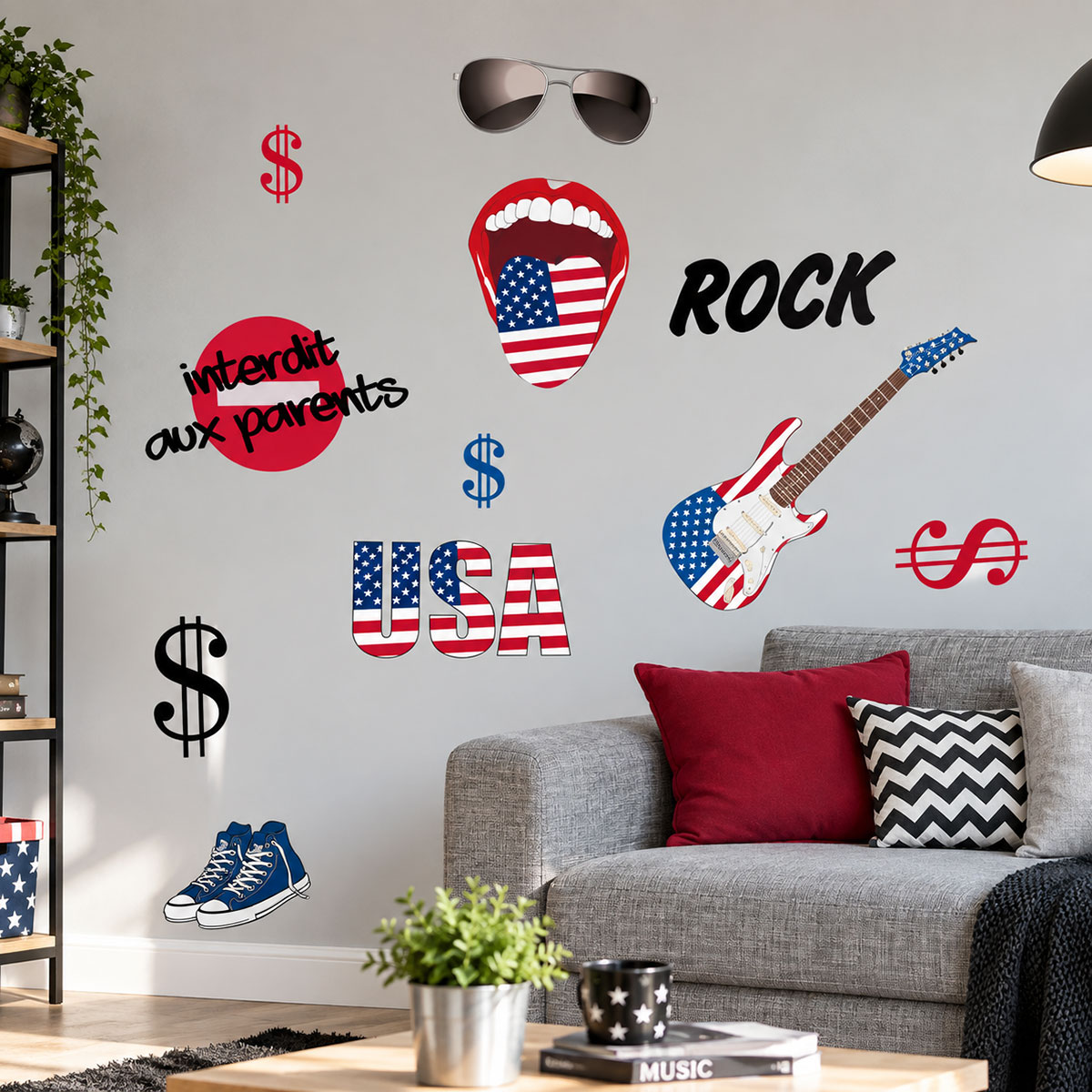 Planche de 13 stickers muraux USA rock repositionnables 50 x 70