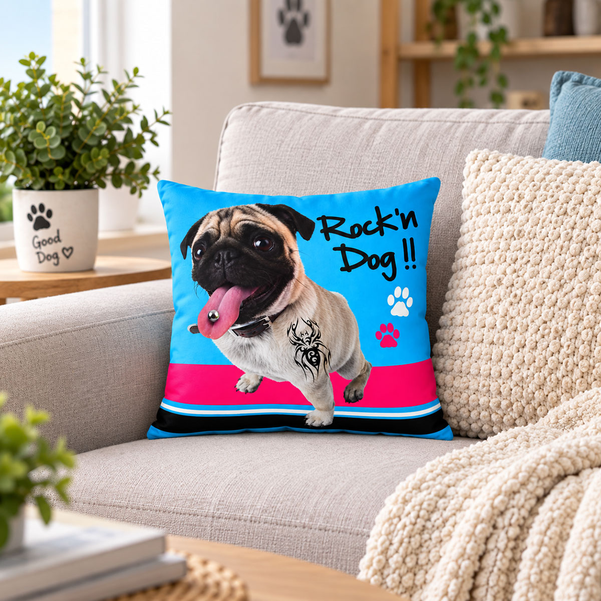 Coussin Rock'n Dog bleu chien rock 35 x 35 cm