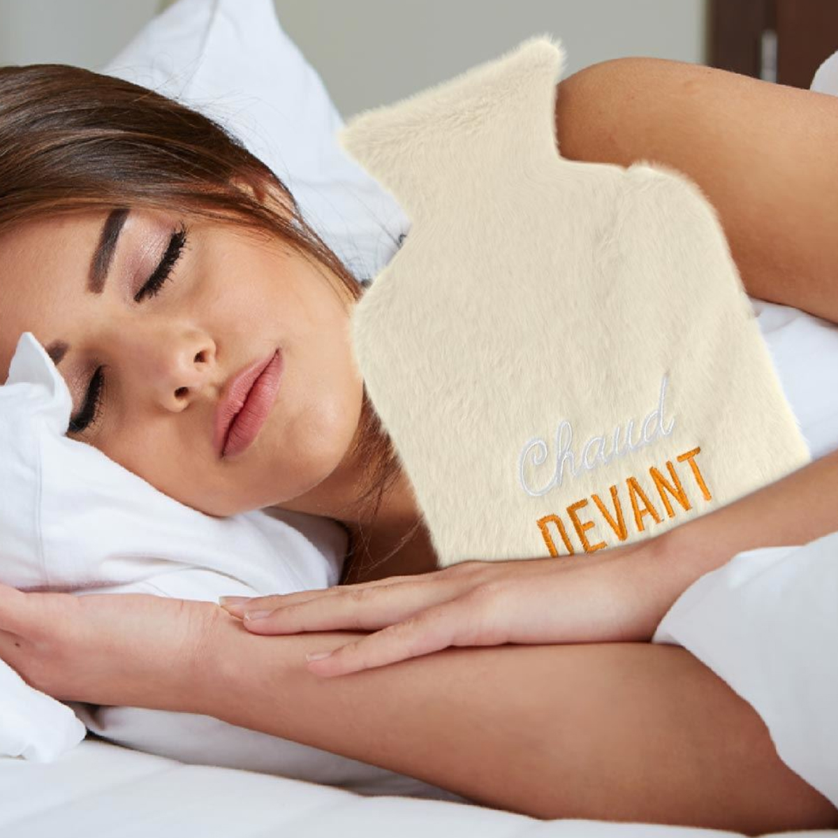 Bouillotte en fourrure beige chaud devant
