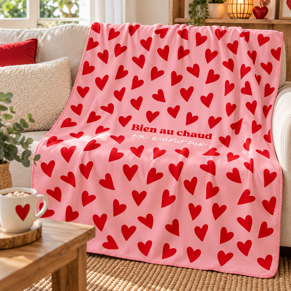 Plaid polaire amoureux rose � c�urs rouges