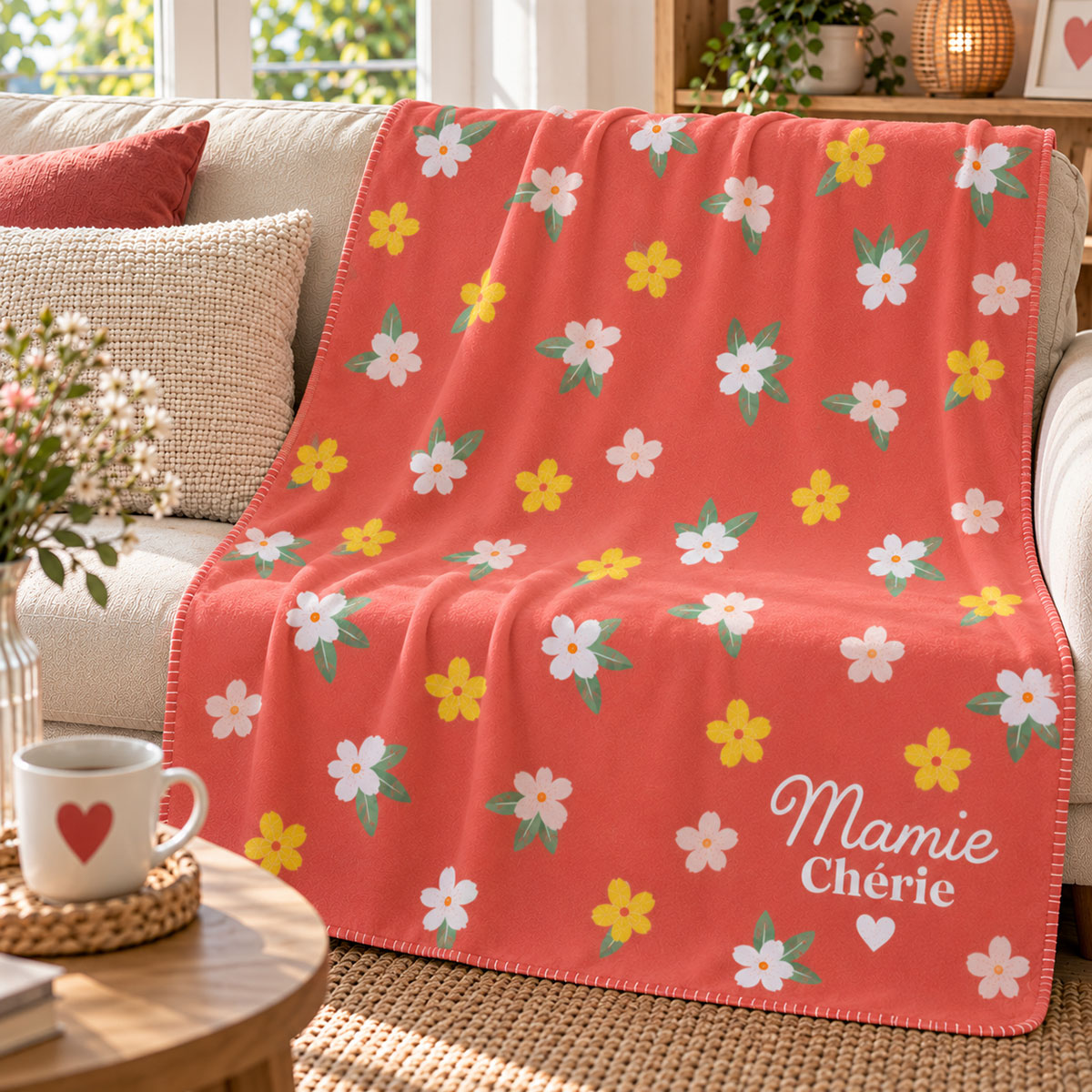 Plaid polaire Mamie ch�rie motif petites fleurs