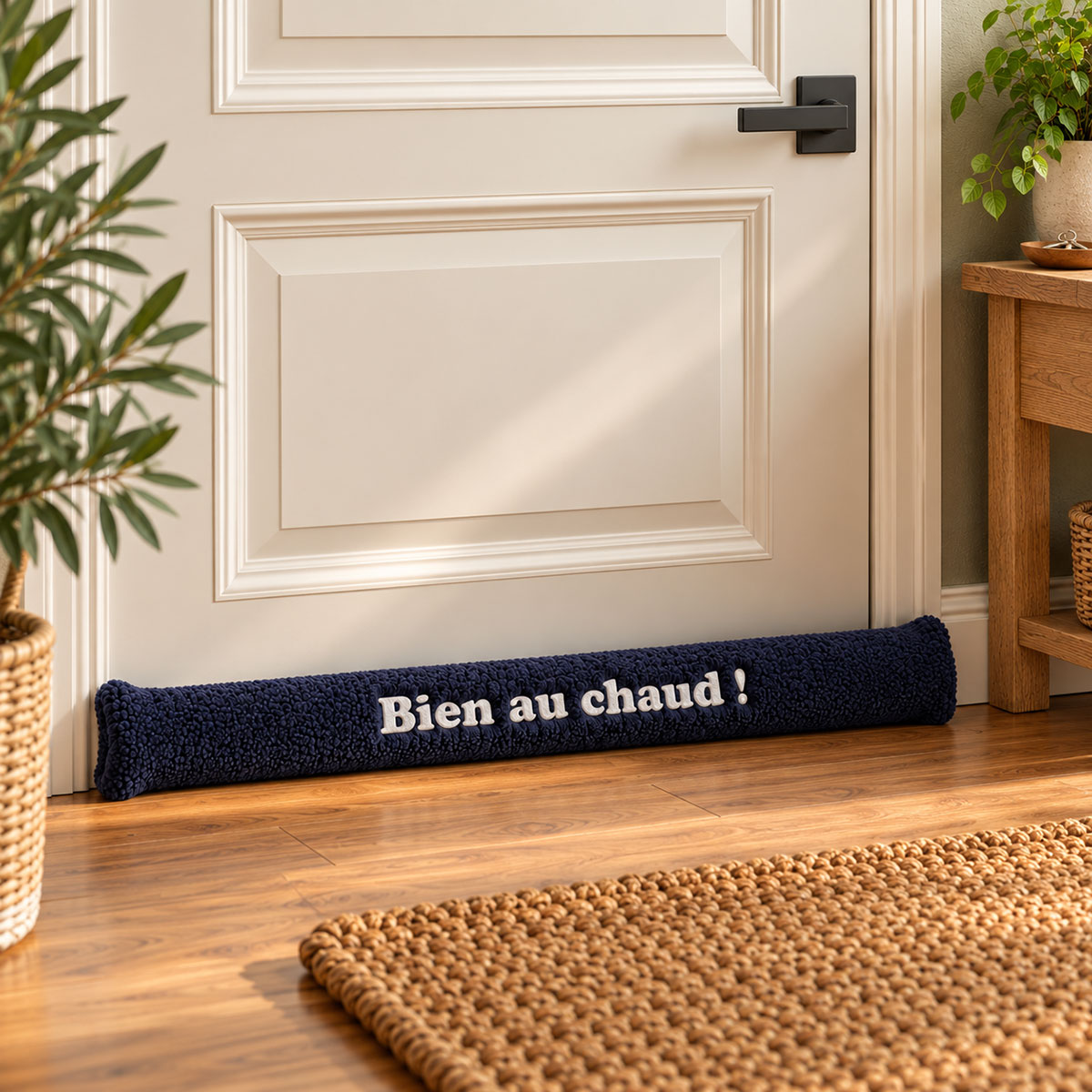 Coussin de porte Bien au chaud bleu effet mouton 77 cm