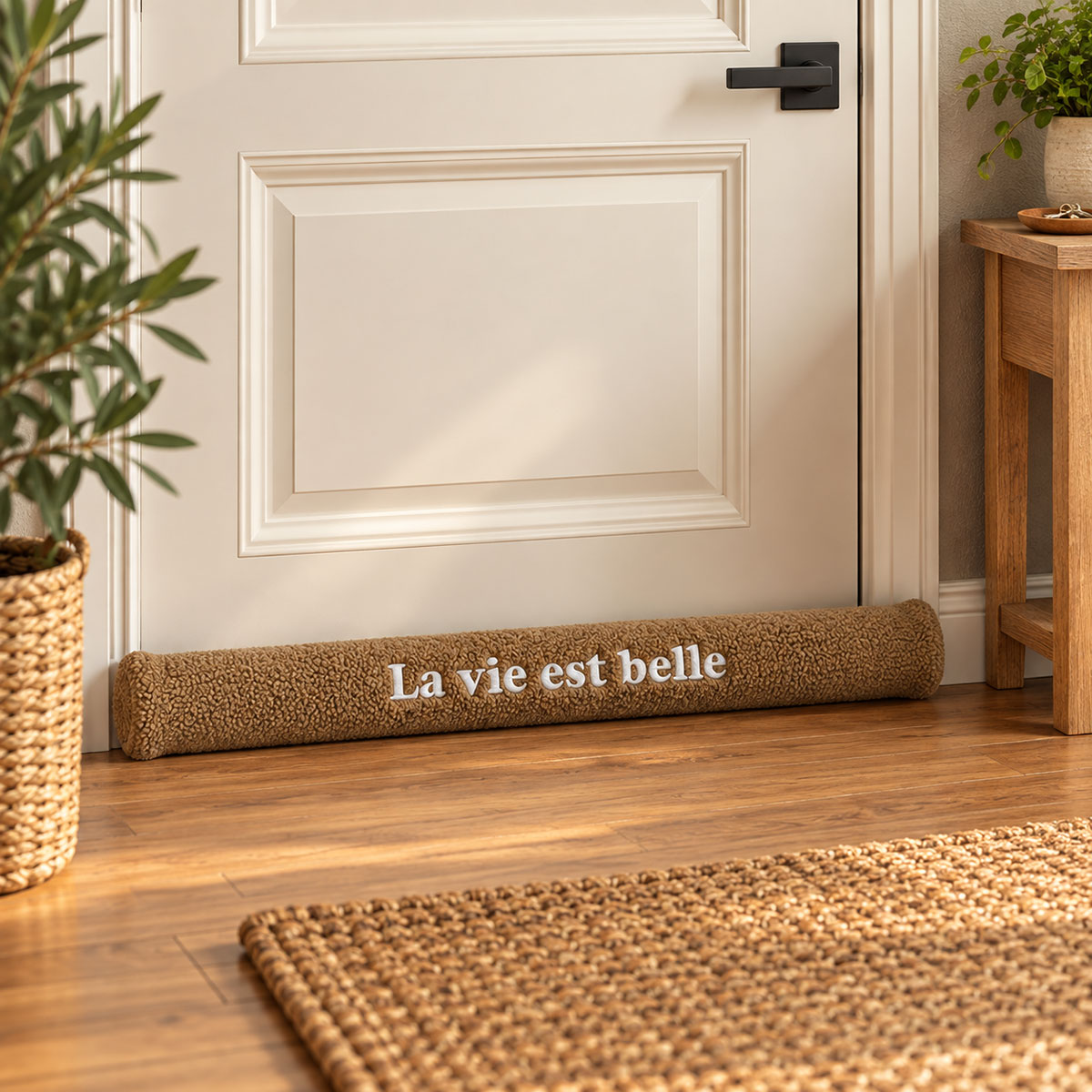 Coussin de porte La vie est belle beige effet mouton 77 cm