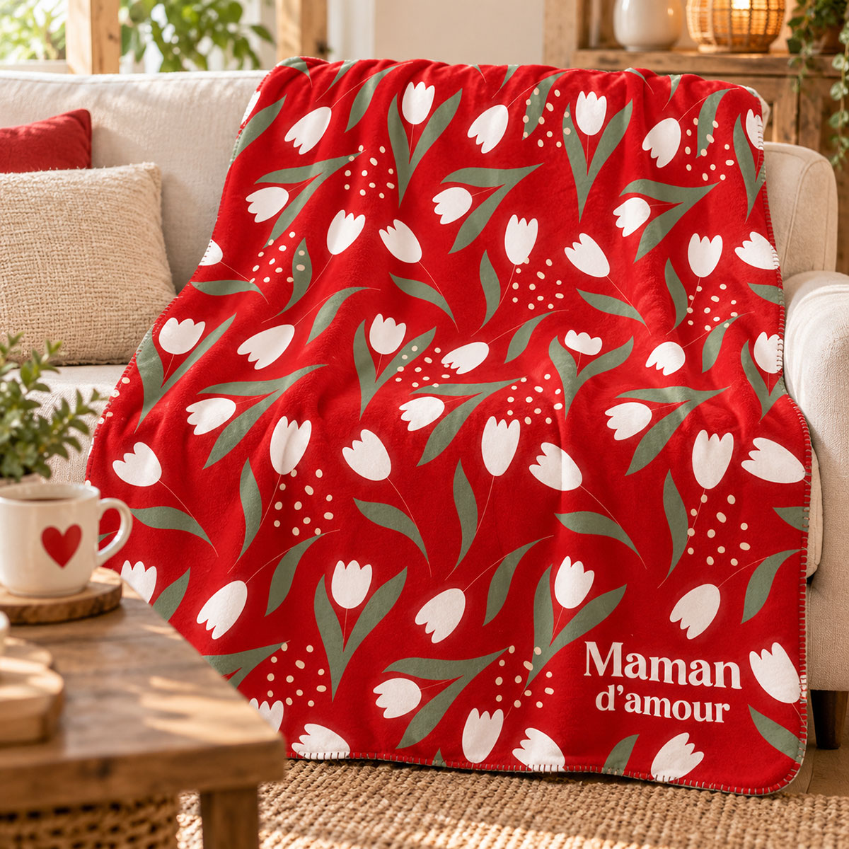 Plaid polaire maman d'amour motif tulipes rouges