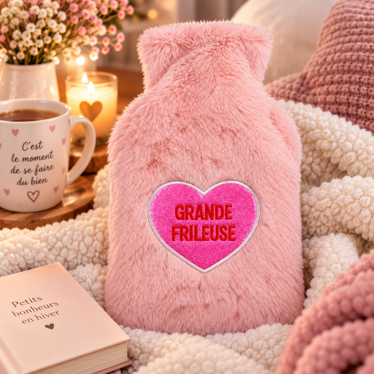Bouillotte � eau Grande frileuse rose en peluche 27 cm