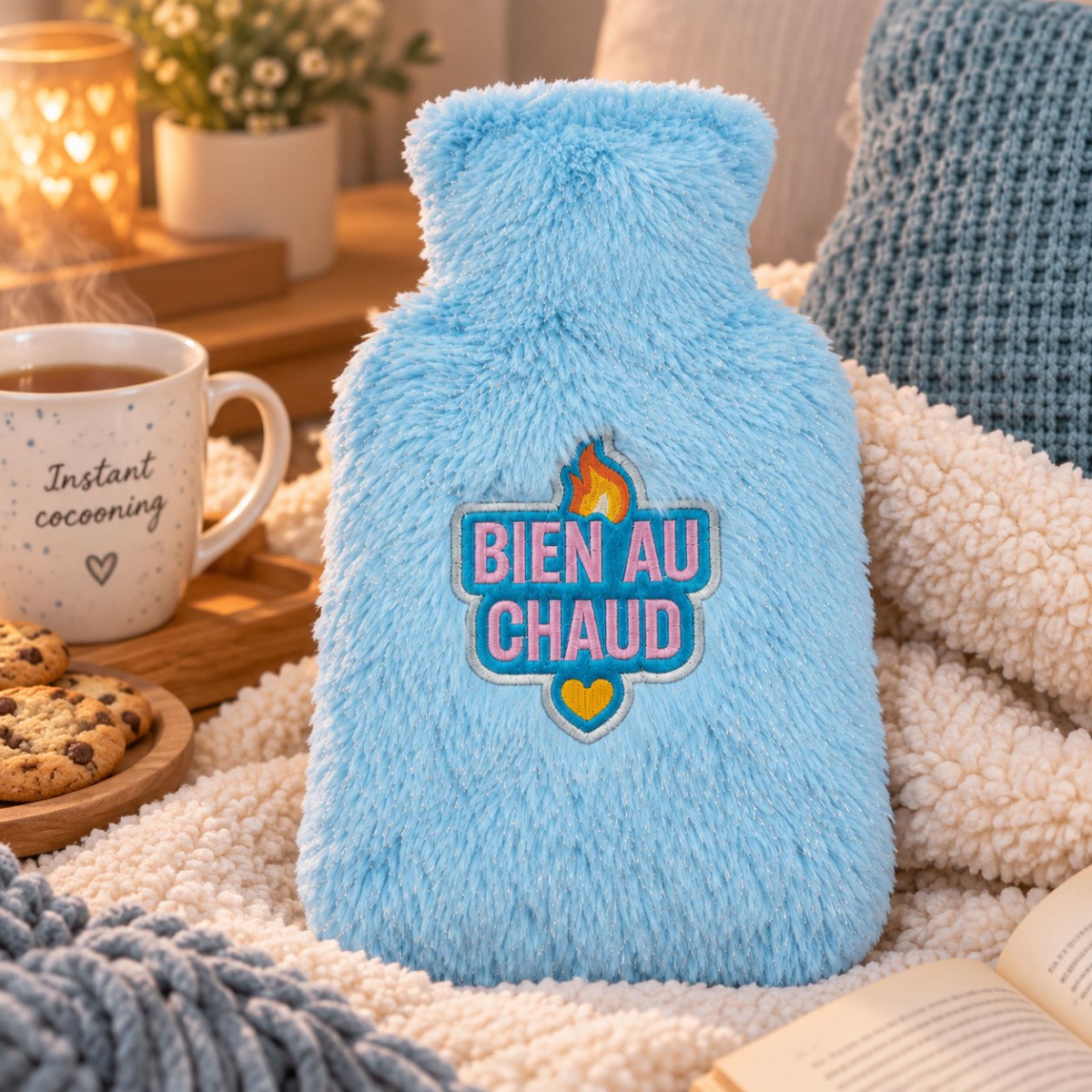 Bouillotte � eau peluche Bien au chaud bleu ciel 27 cm