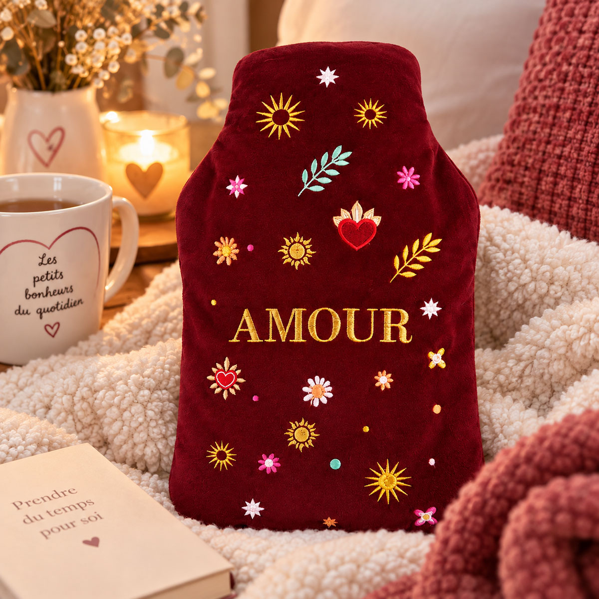Bouillotte � eau velours brod� Amour bordeaux 27 cm