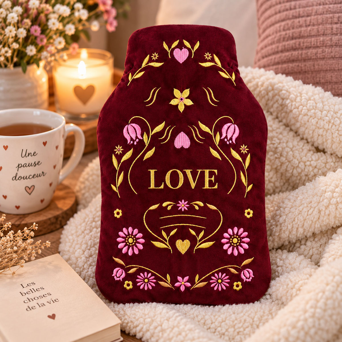 Bouillotte � eau velours brod� Love bordeaux 27 cm