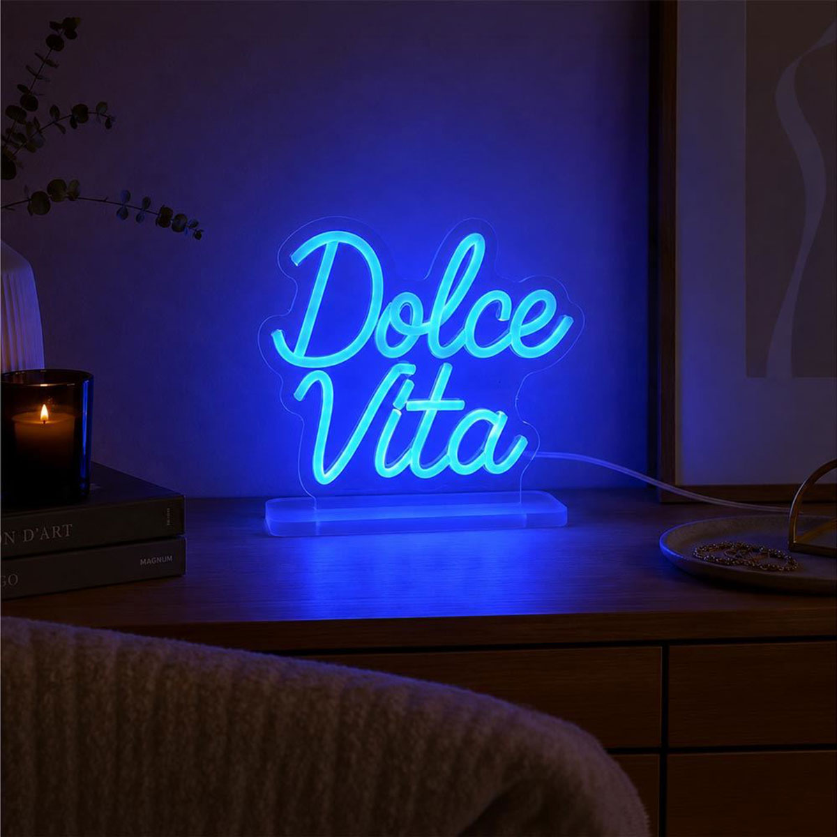 Lampe LED effet n�on Dolce Vita bleue USB 20 � 23 cm