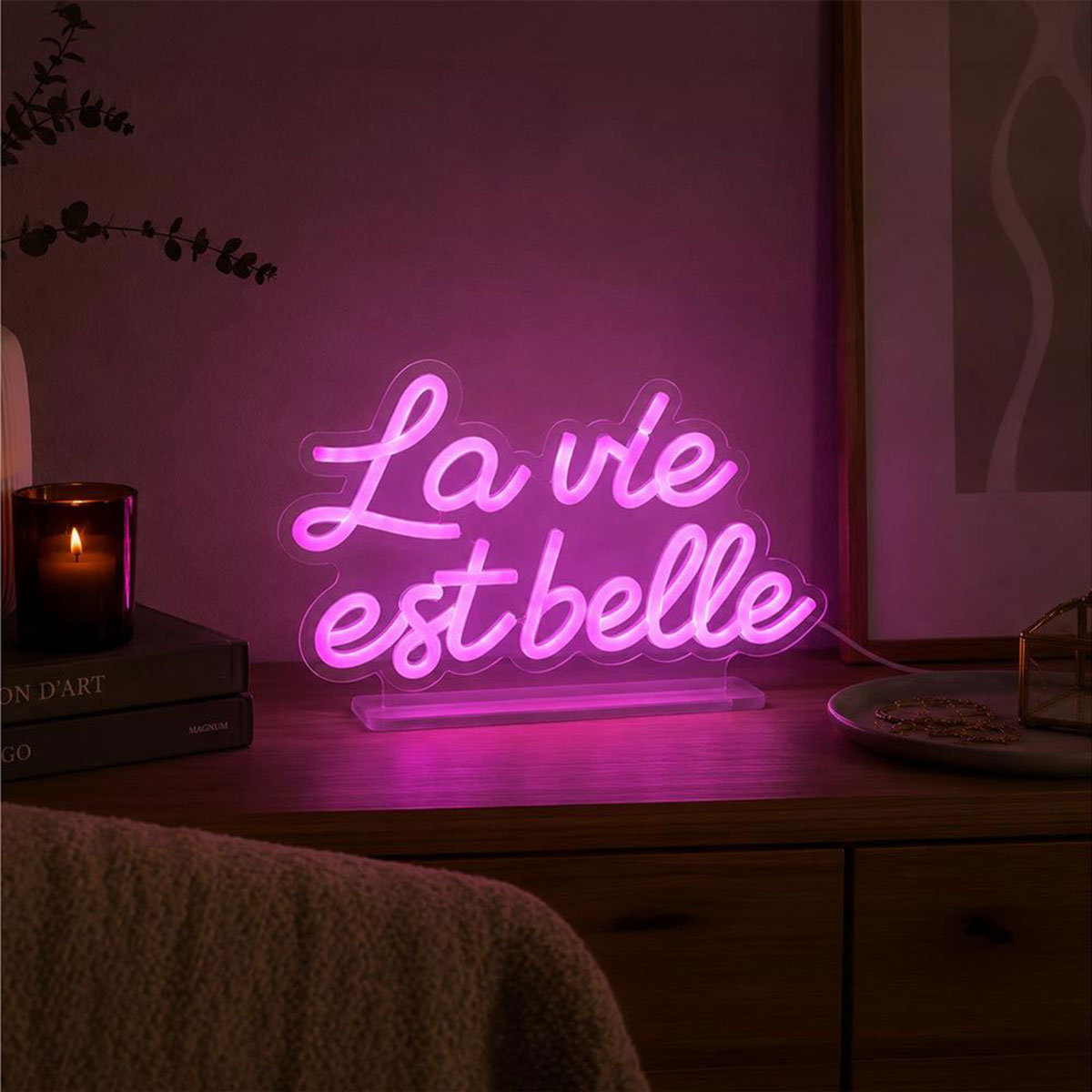 Lampe LED effet n�on La vie est belle rose USB