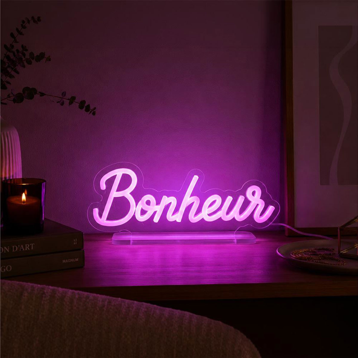 Lampe LED effet n�on Bonheur rose USB 12,5 � 28 cm