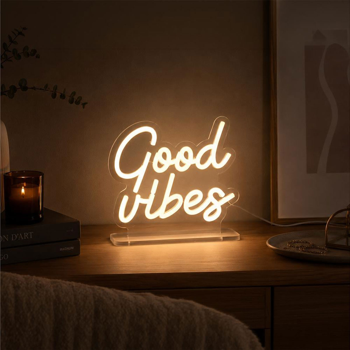 Lampe LED effet n�on Good Vibes blanc chaud USB 18 � 20 cm