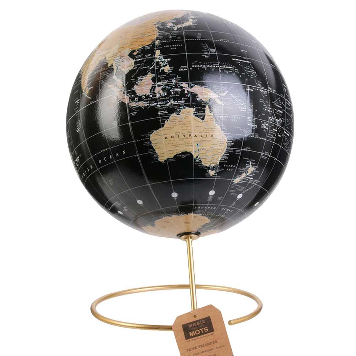 Globe Terrestre Noir avec pied en mtal Or 29 cm
