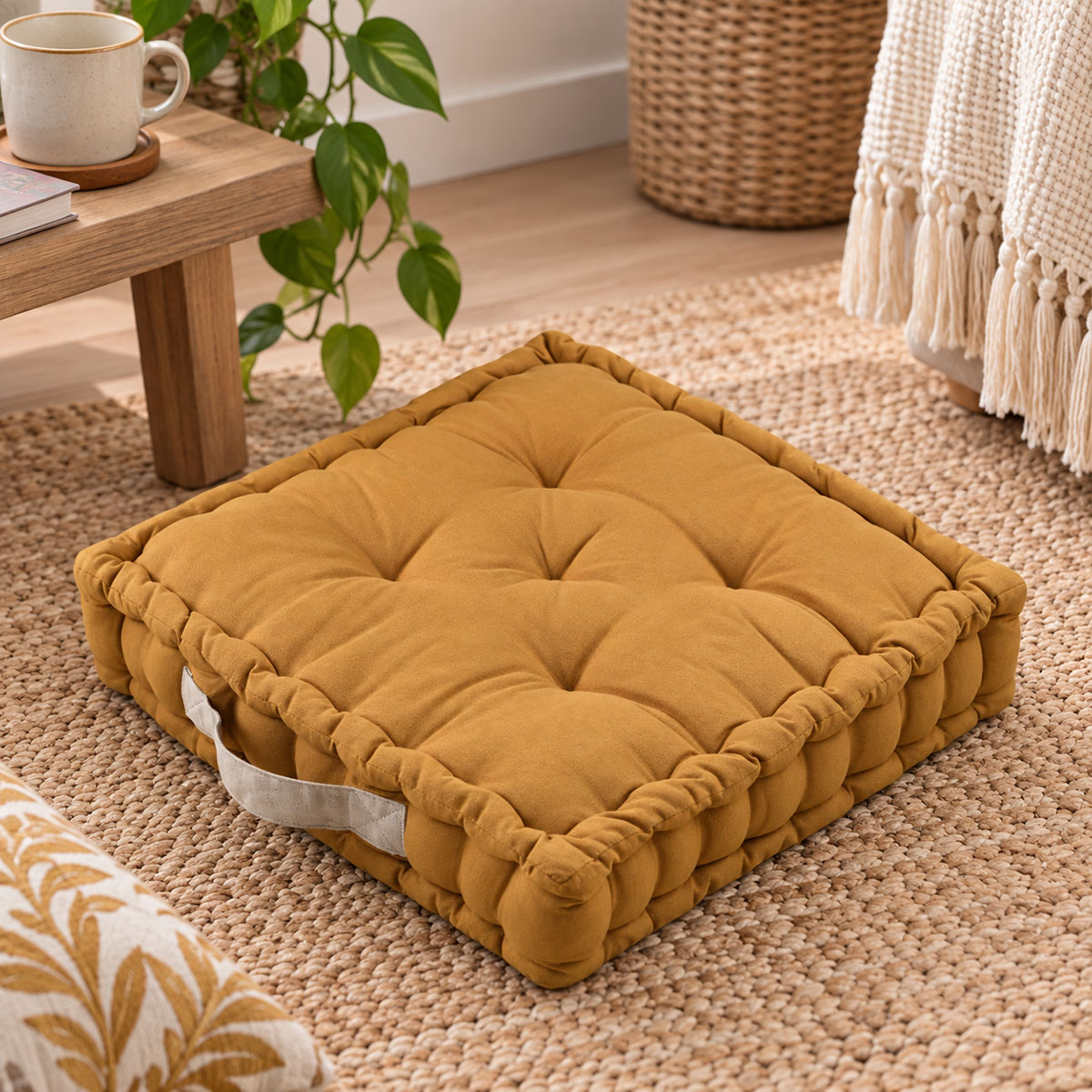 Coussin de sol curry coton capitonn� 45 x 45 x 10 cm