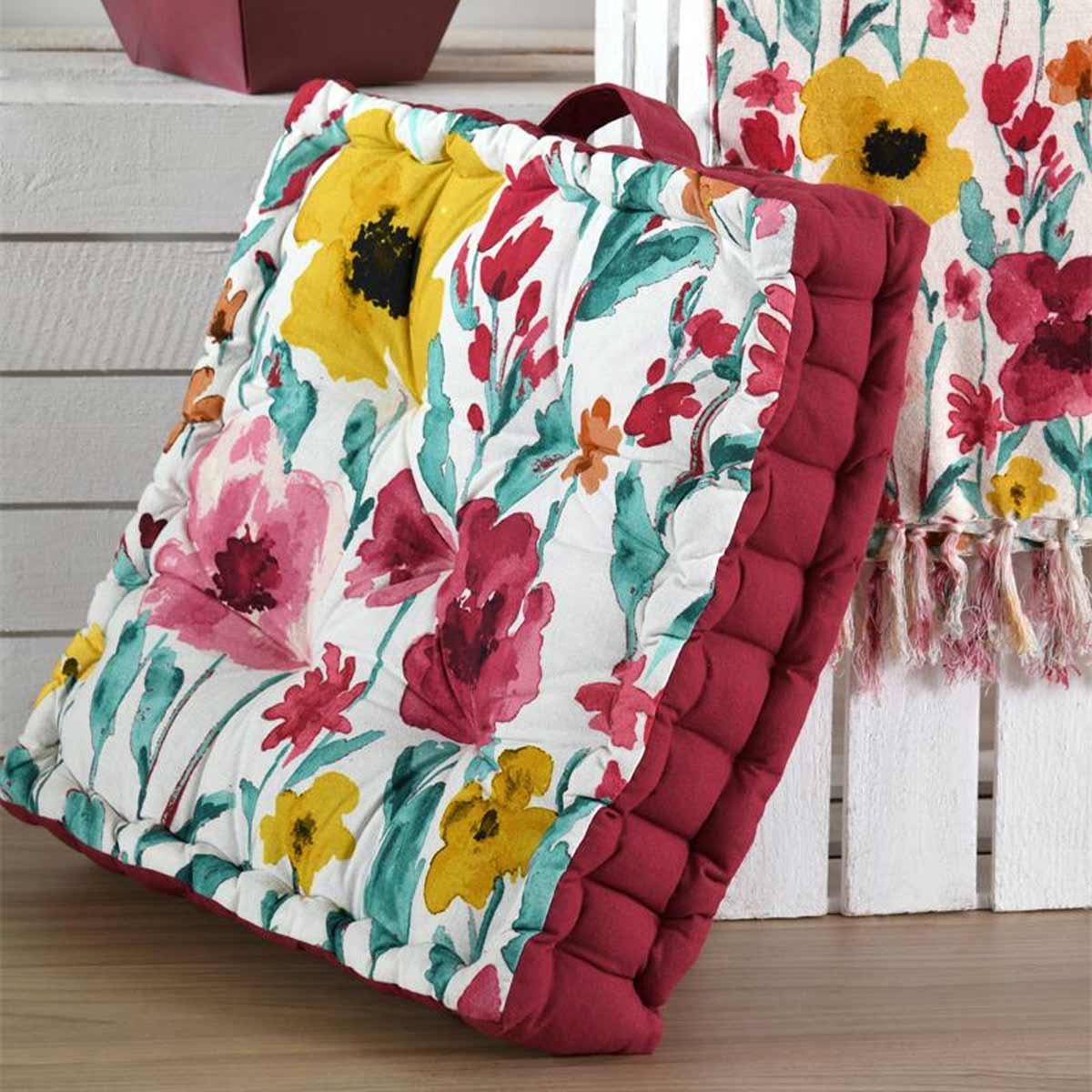 Coussin de sol en coton 44 x 44 x 9 cm - Fleurs  l'aquarelle