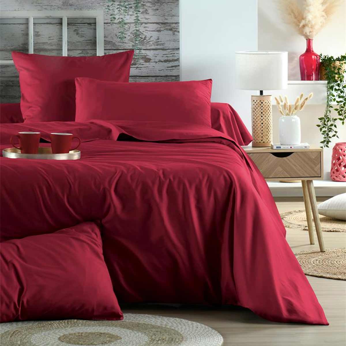 Drap Housse Uni Rouge en Percale de Coton  90 x 190 cm