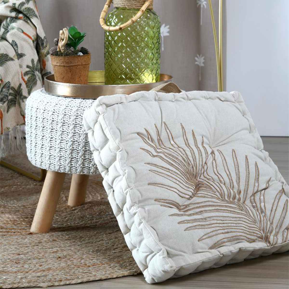 Coussin de Sol Casablanca Naturel Motif Feuille 45 � 45 � 10 cm