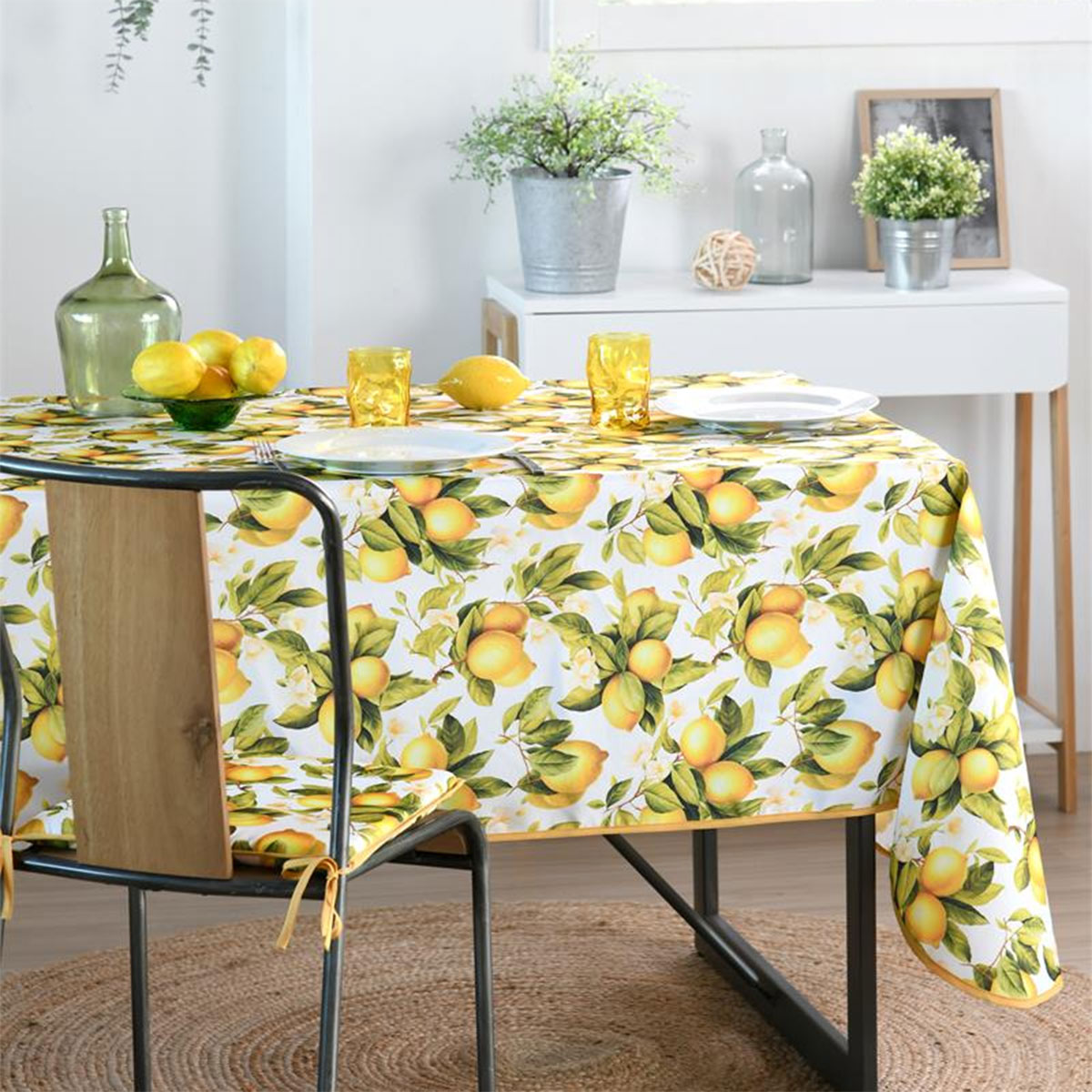 Nappe Imprime Anti-Taches  Motif Citrons sur Fond Blanc