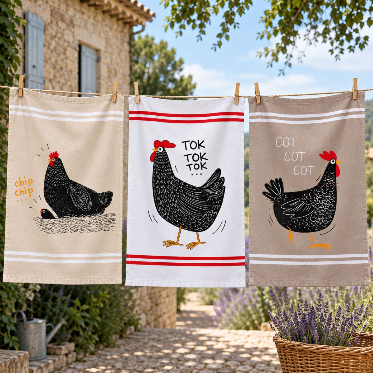 Lot de 3 torchons poules en coton serg� 50 x 70 cm