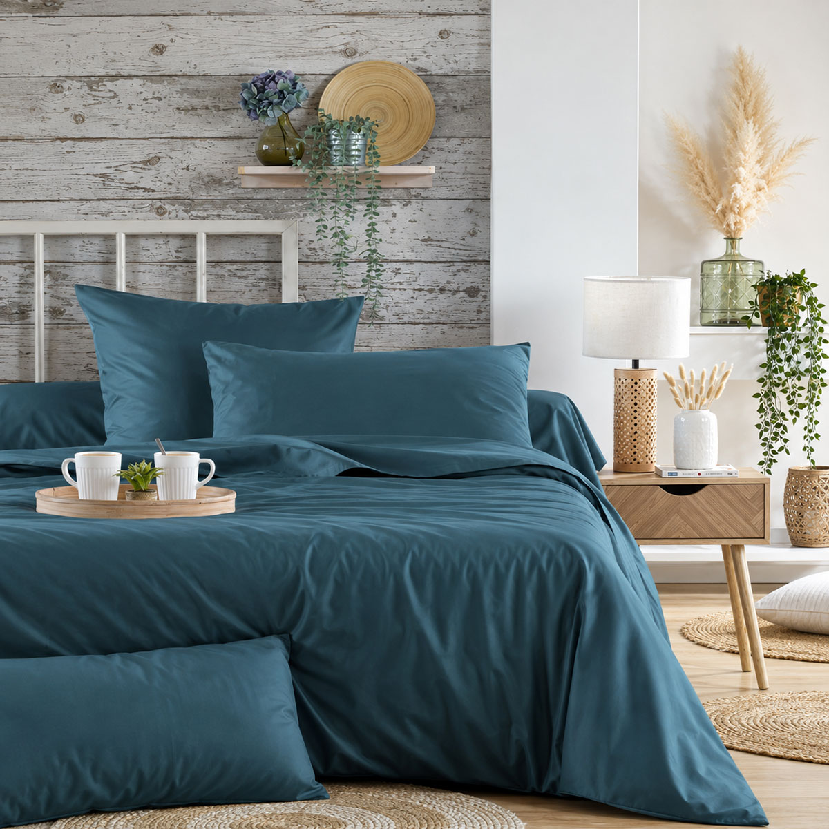 Taie traversin �lys�e bleu p�trole 45 x 185 cm en percale