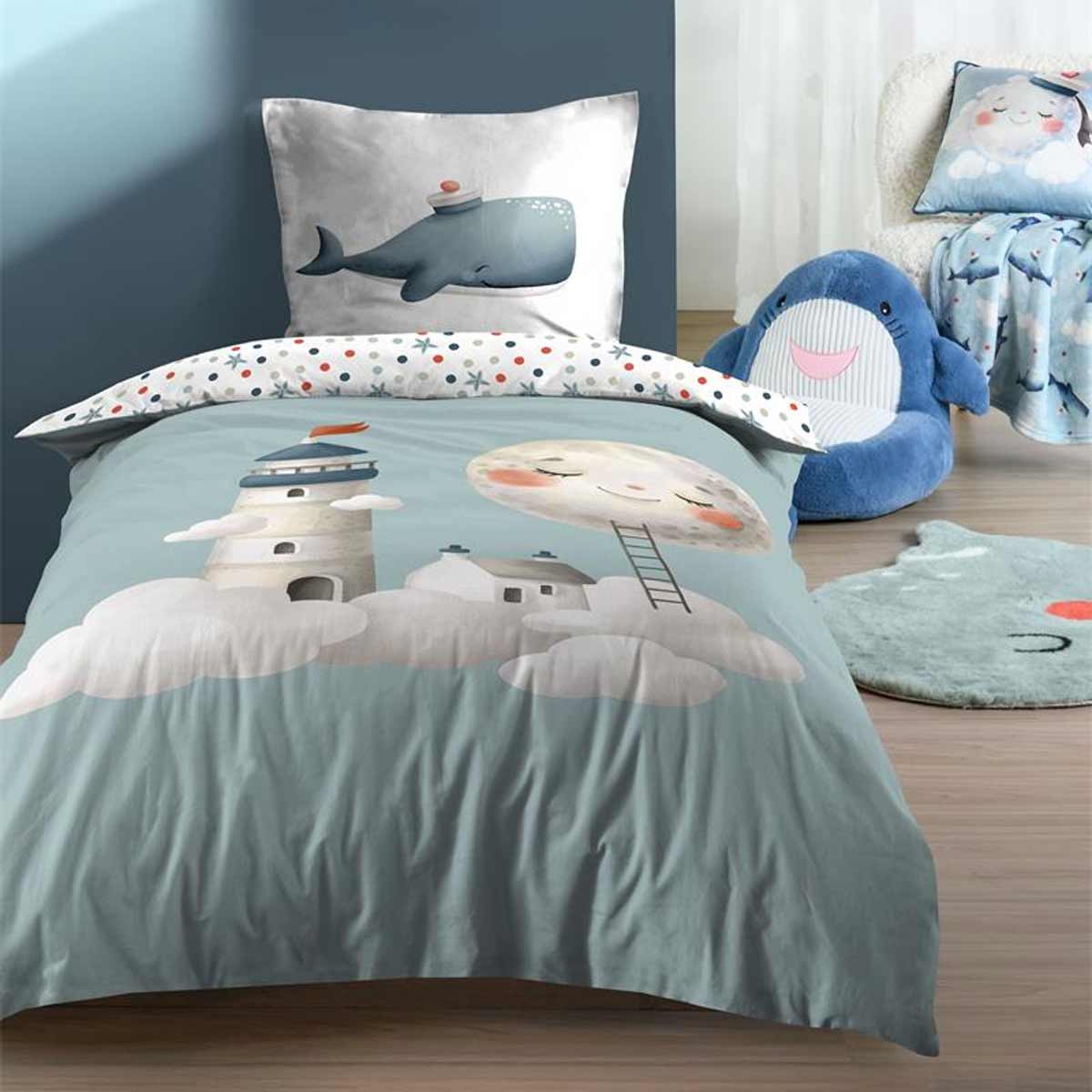 Parure housse de couette enfant Moby bleu 140x200 cm