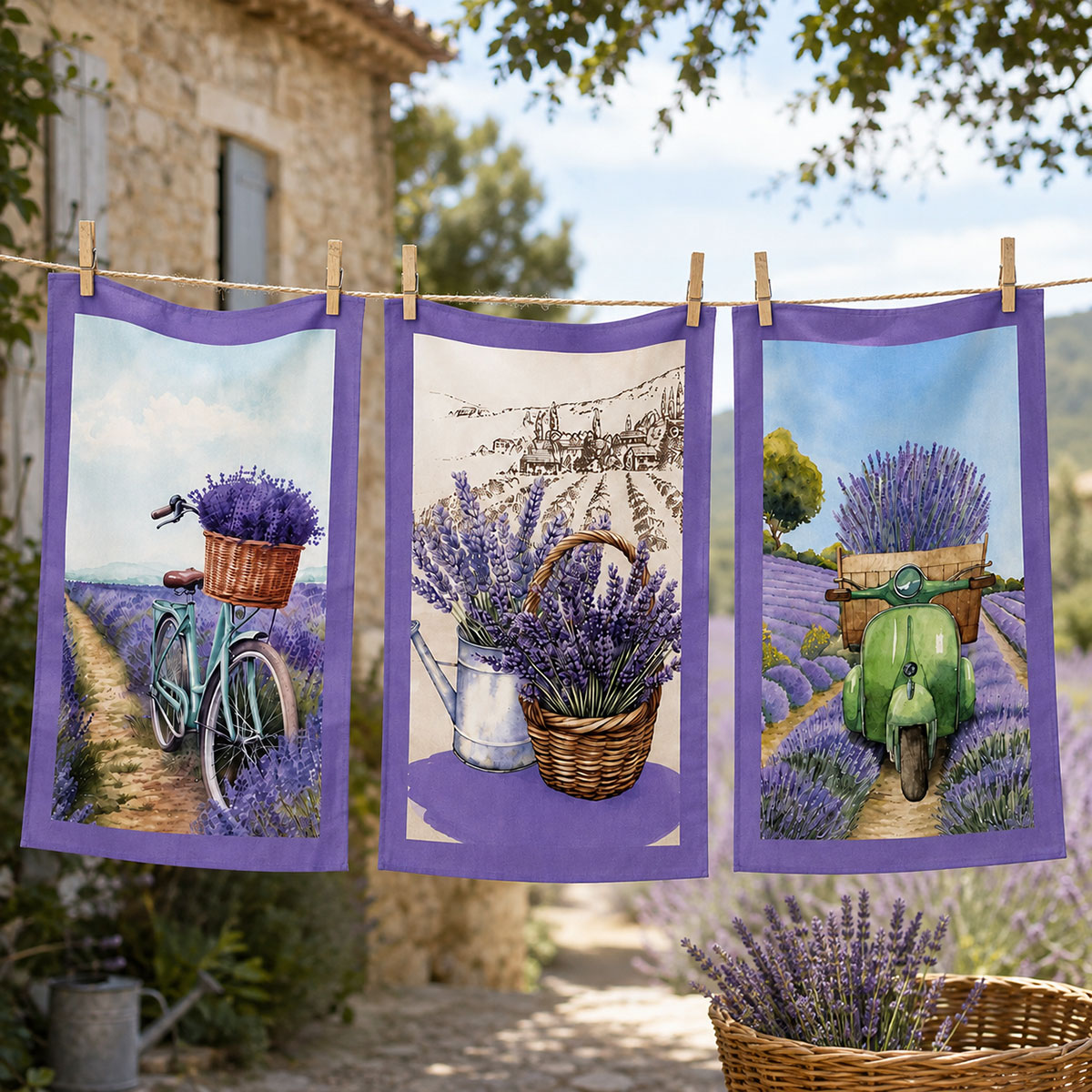 Lot de 3 torchons Provence lavande 50 x 70 cm en coton