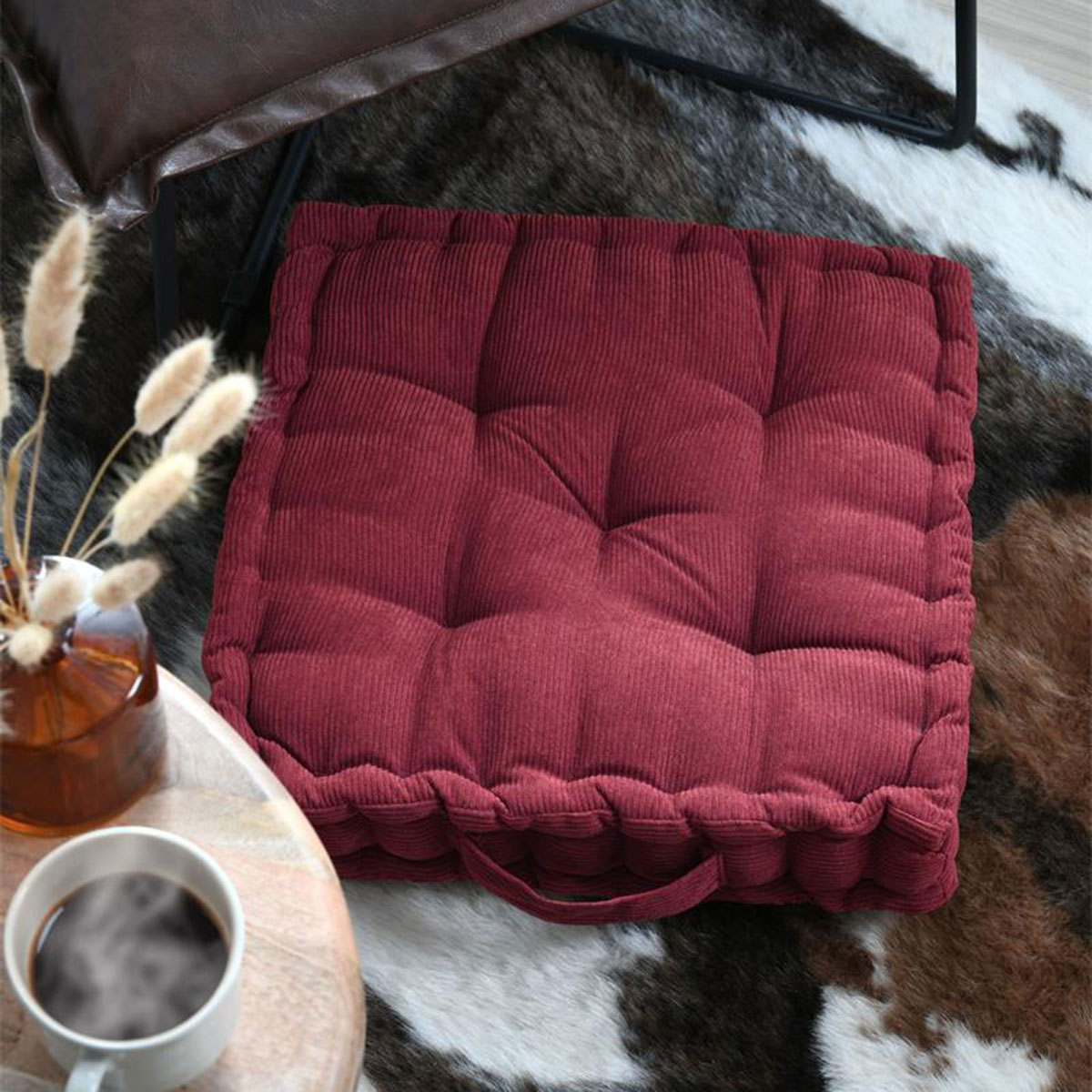 Coussin de sol velours c�tel� Dandy bordeaux 43 x 43 cm