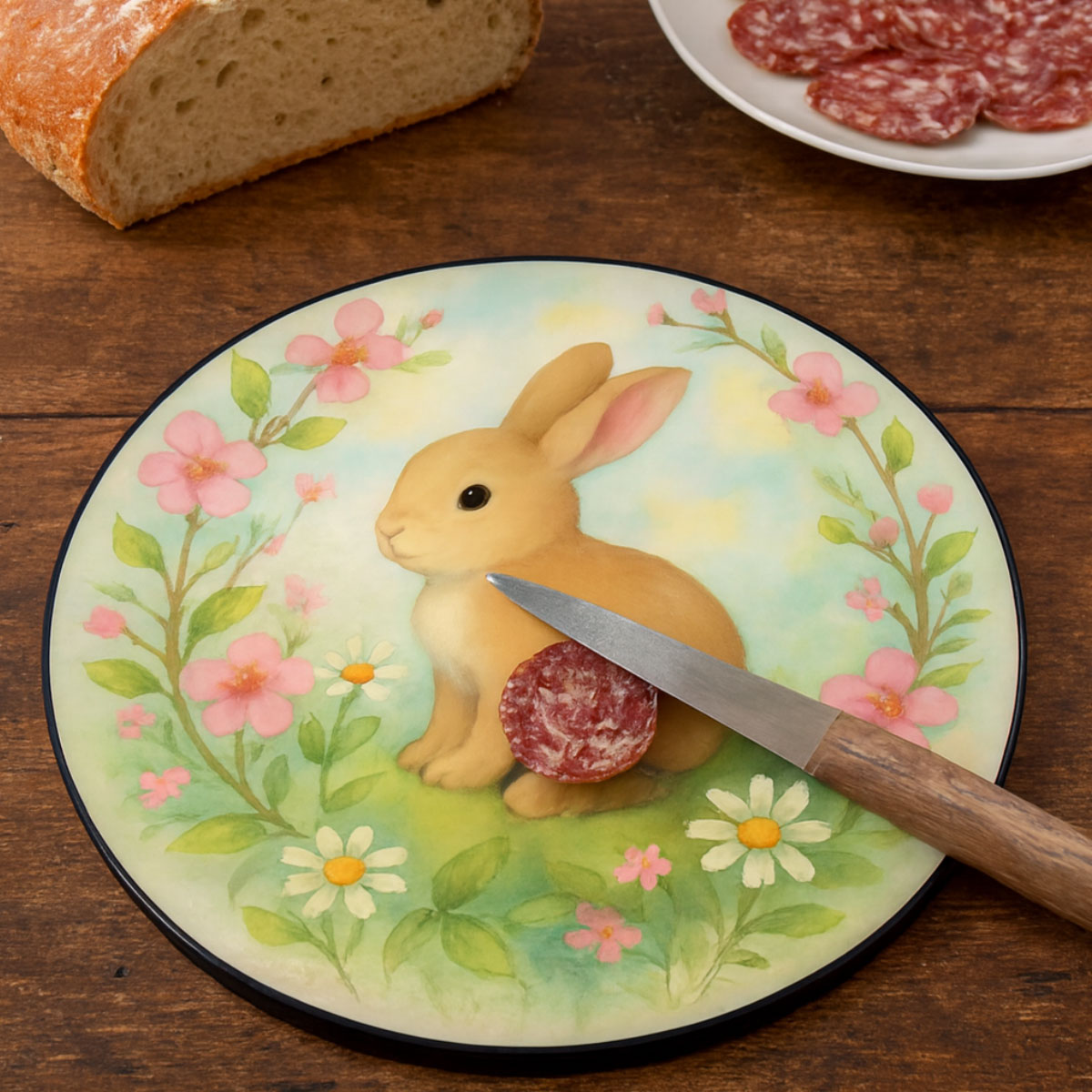 Planche � d�couper ronde en verre � Lapin fleuri � 30 cm