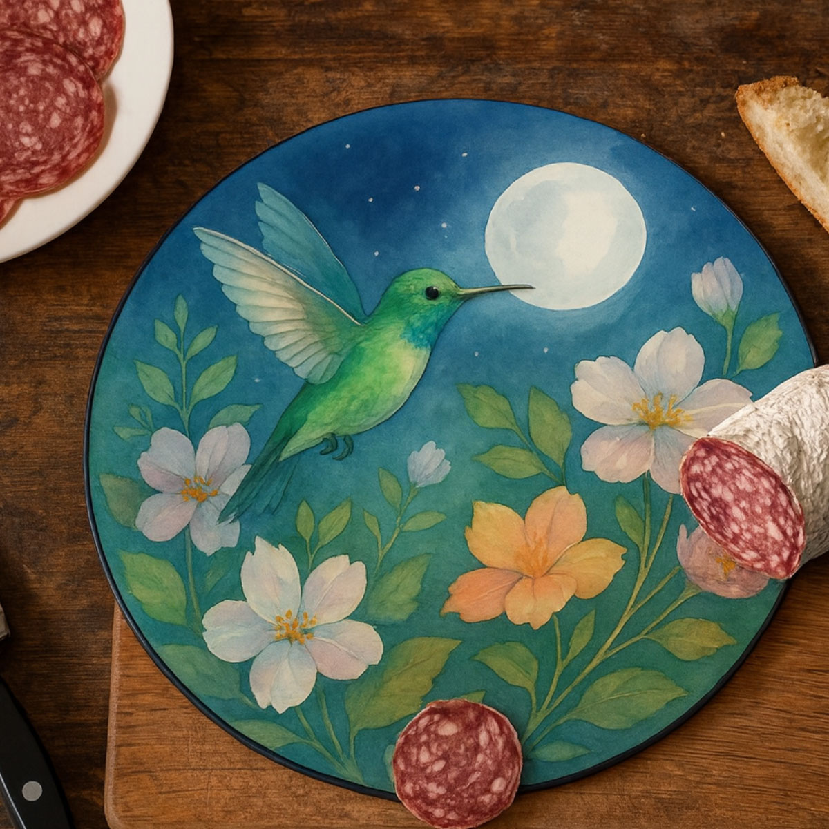 Planche � d�couper ronde en verre Colibri et Lune � 30 cm