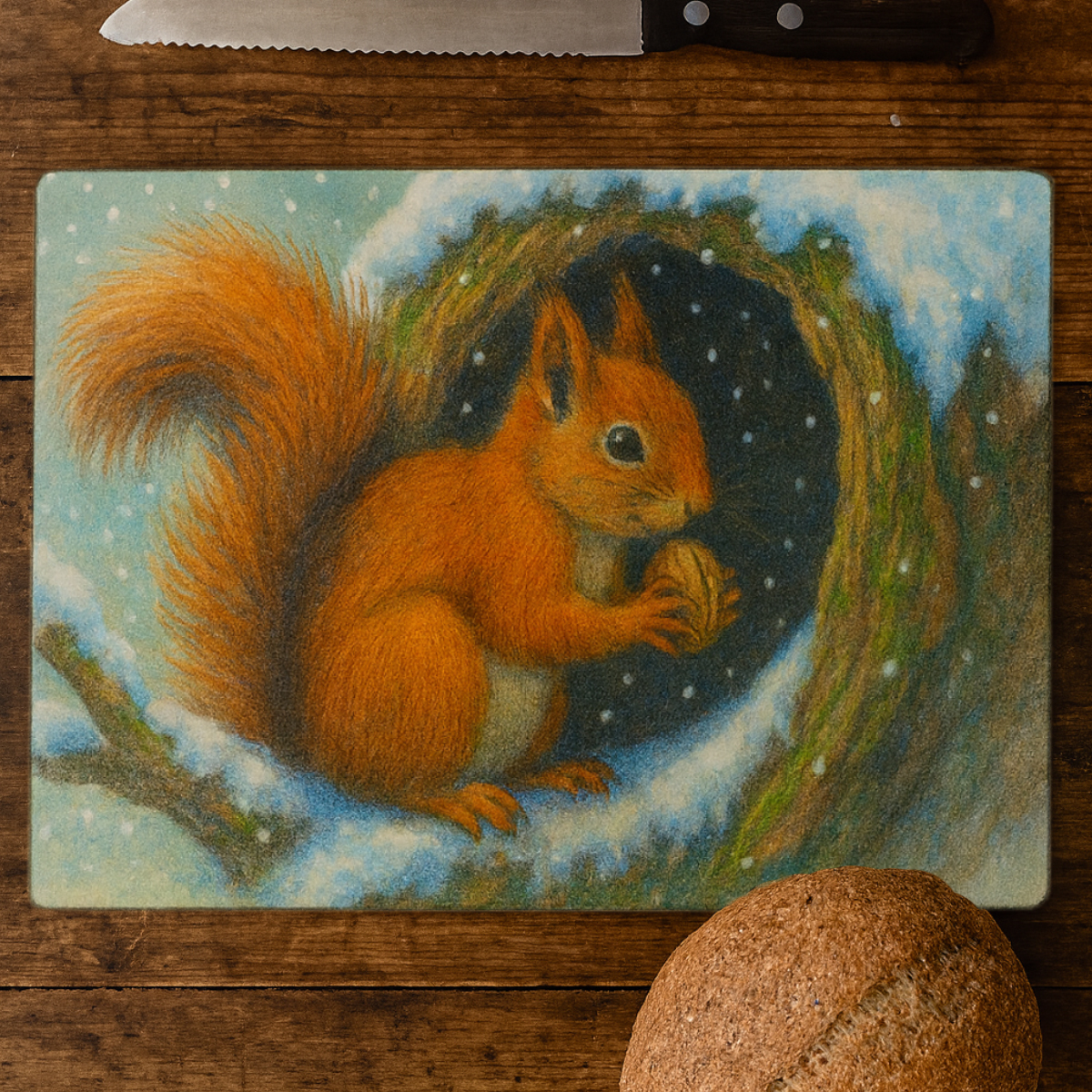 Planche  dcouper en verre cureuil dhiver