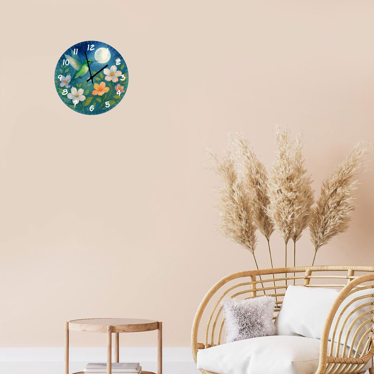 Horloge murale en verre � Colibri, Fleurs et Lune