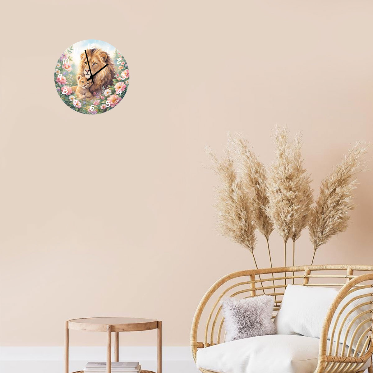 Horloge murale en verre � Lion et Lionceau parmi les fleurs