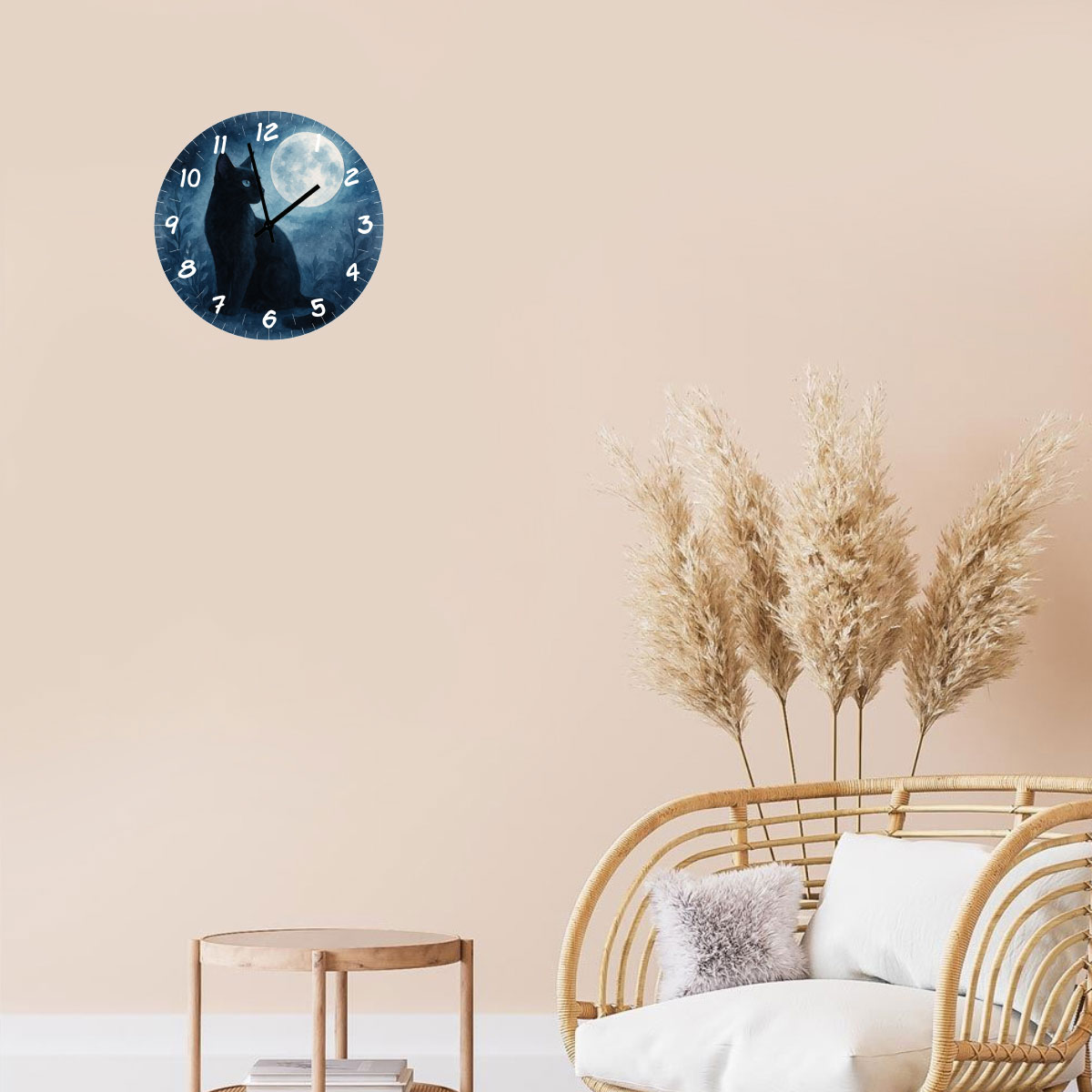 Horloge murale en verre Chat noir et Pleine lune