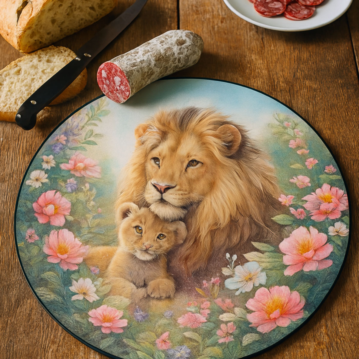 Planche � d�couper ronde en verre Lion et Lionceau 30 cm