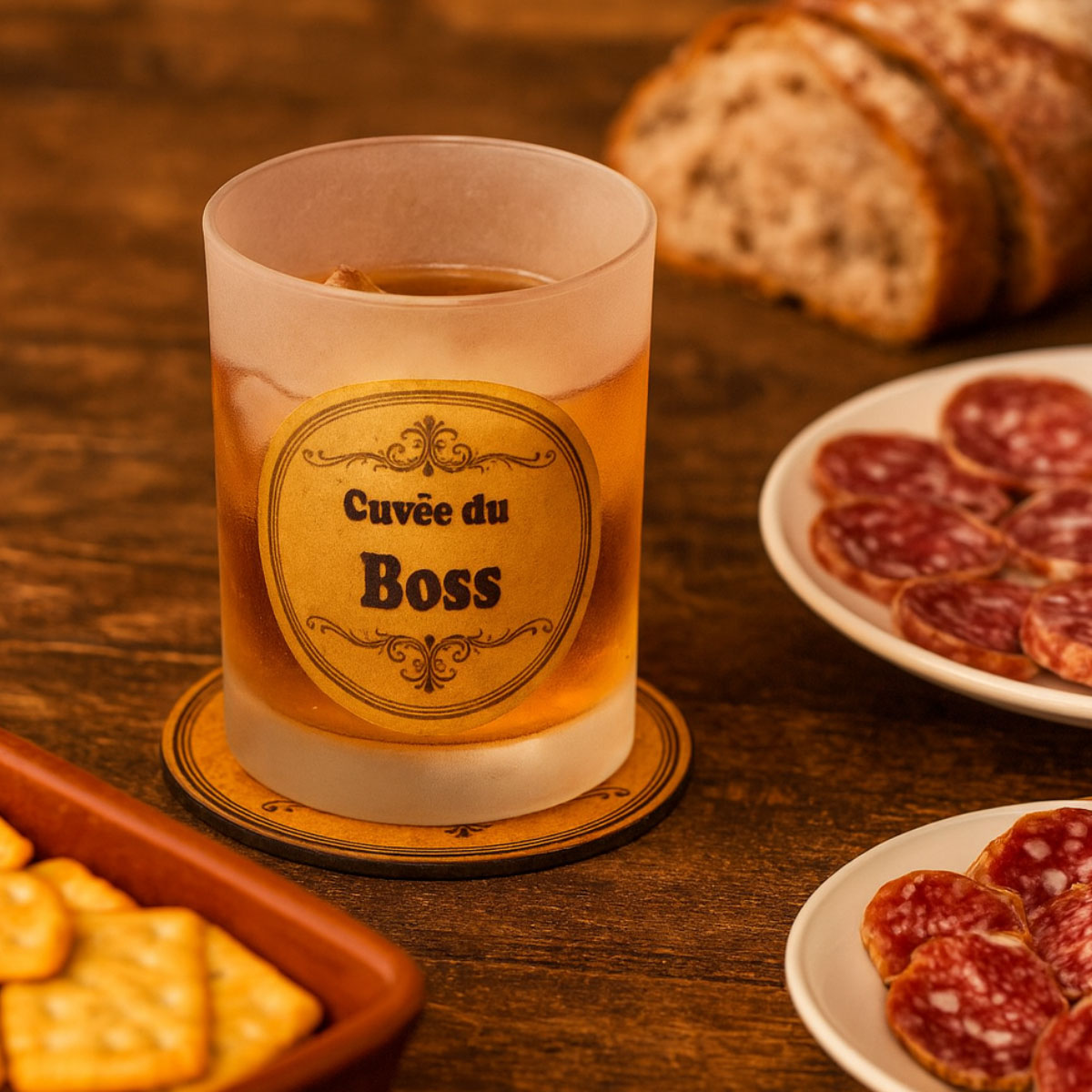 Verre d�poli � Cuv�e du Boss � avec sous-verre assorti