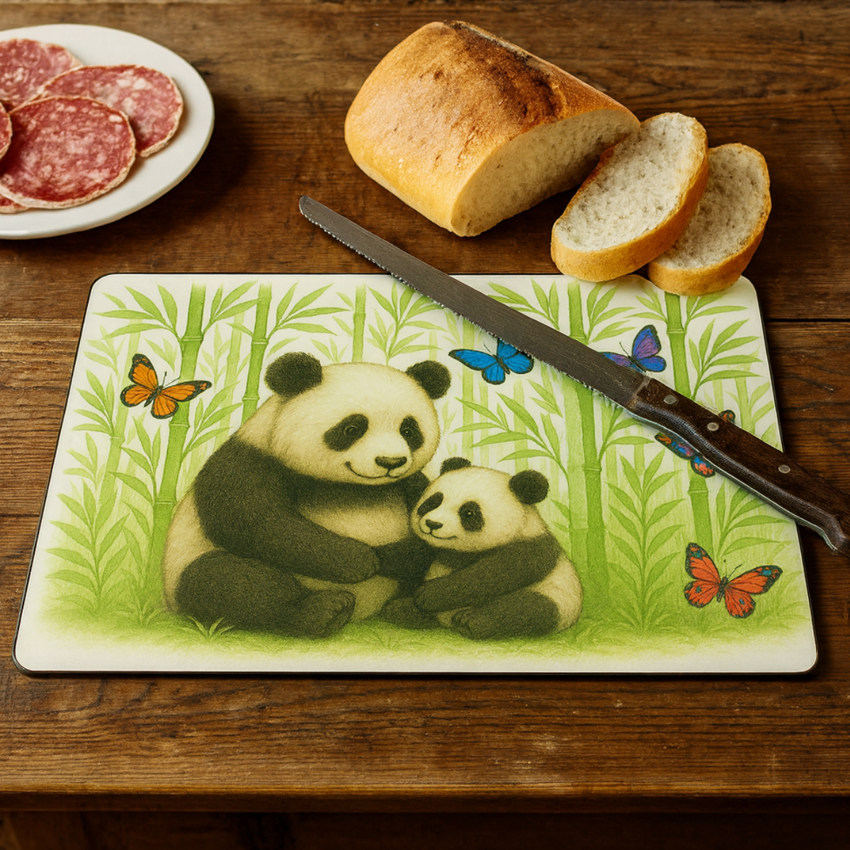 Planche � d�couper en verre panda et bambous